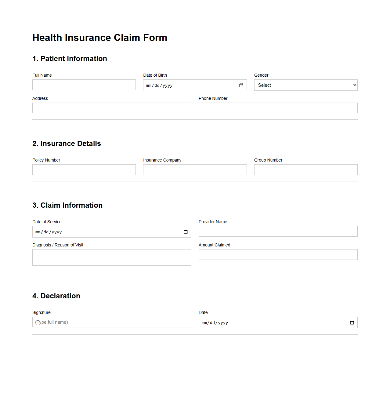 Health Insurance Claim Form Example