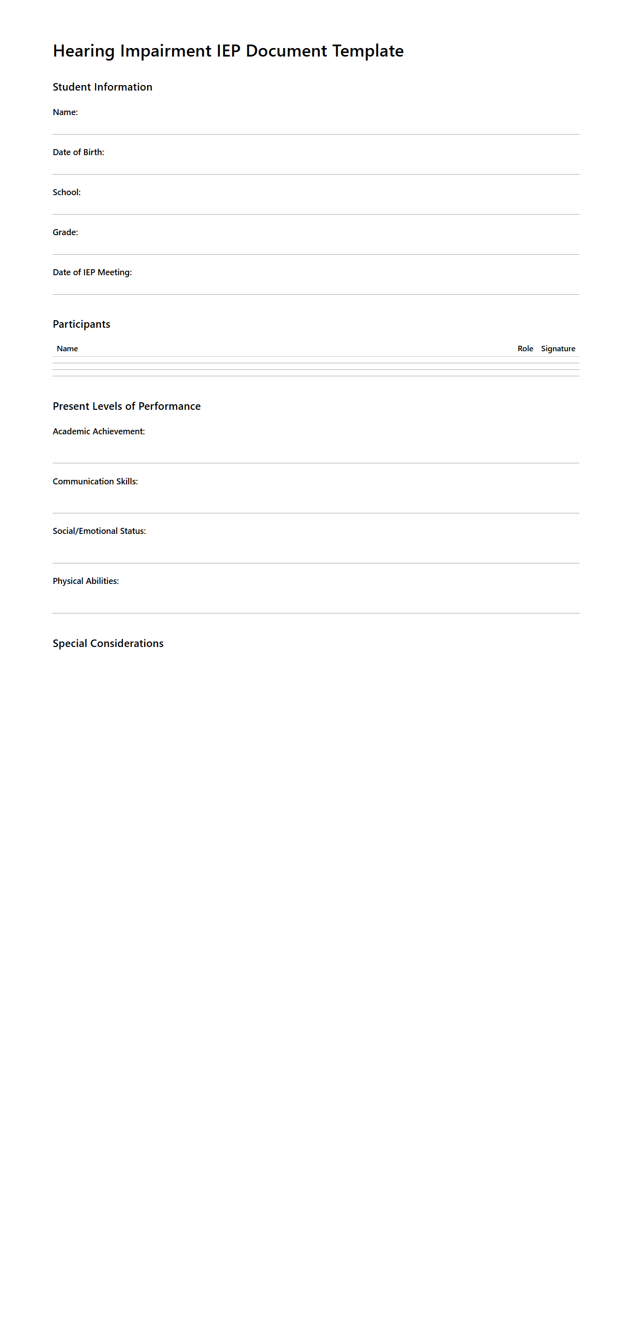 Hearing Impairment IEP Document Template
