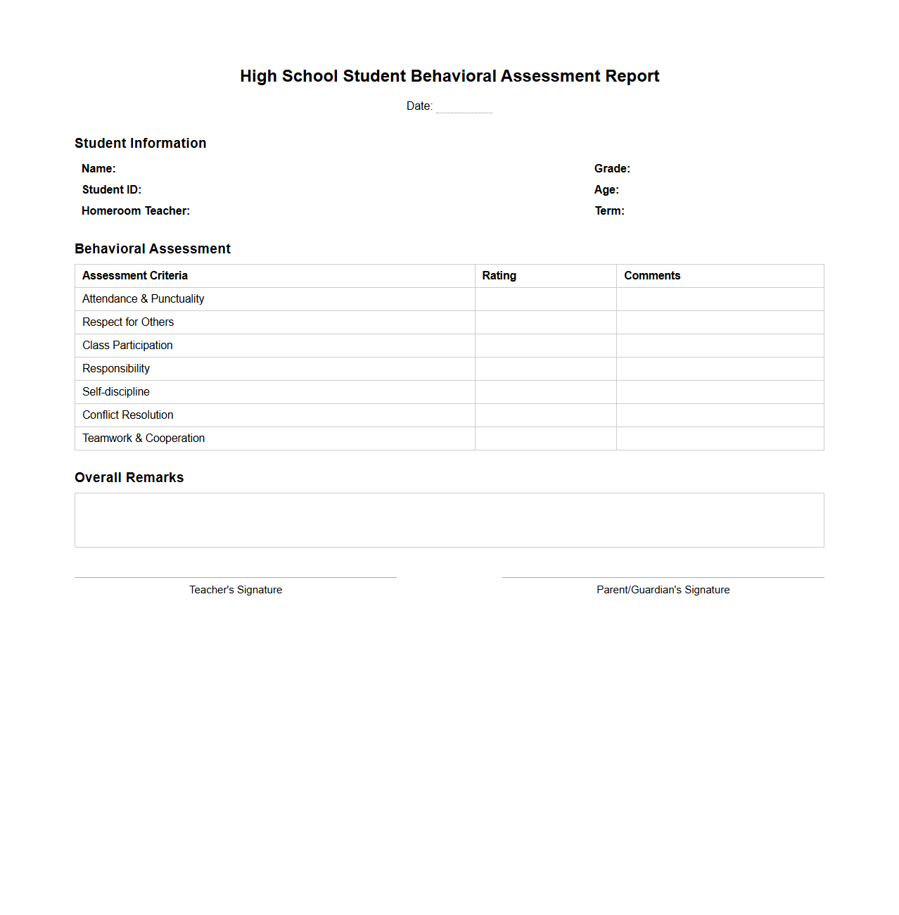 High School Student Behavioral Assessment Report Sample