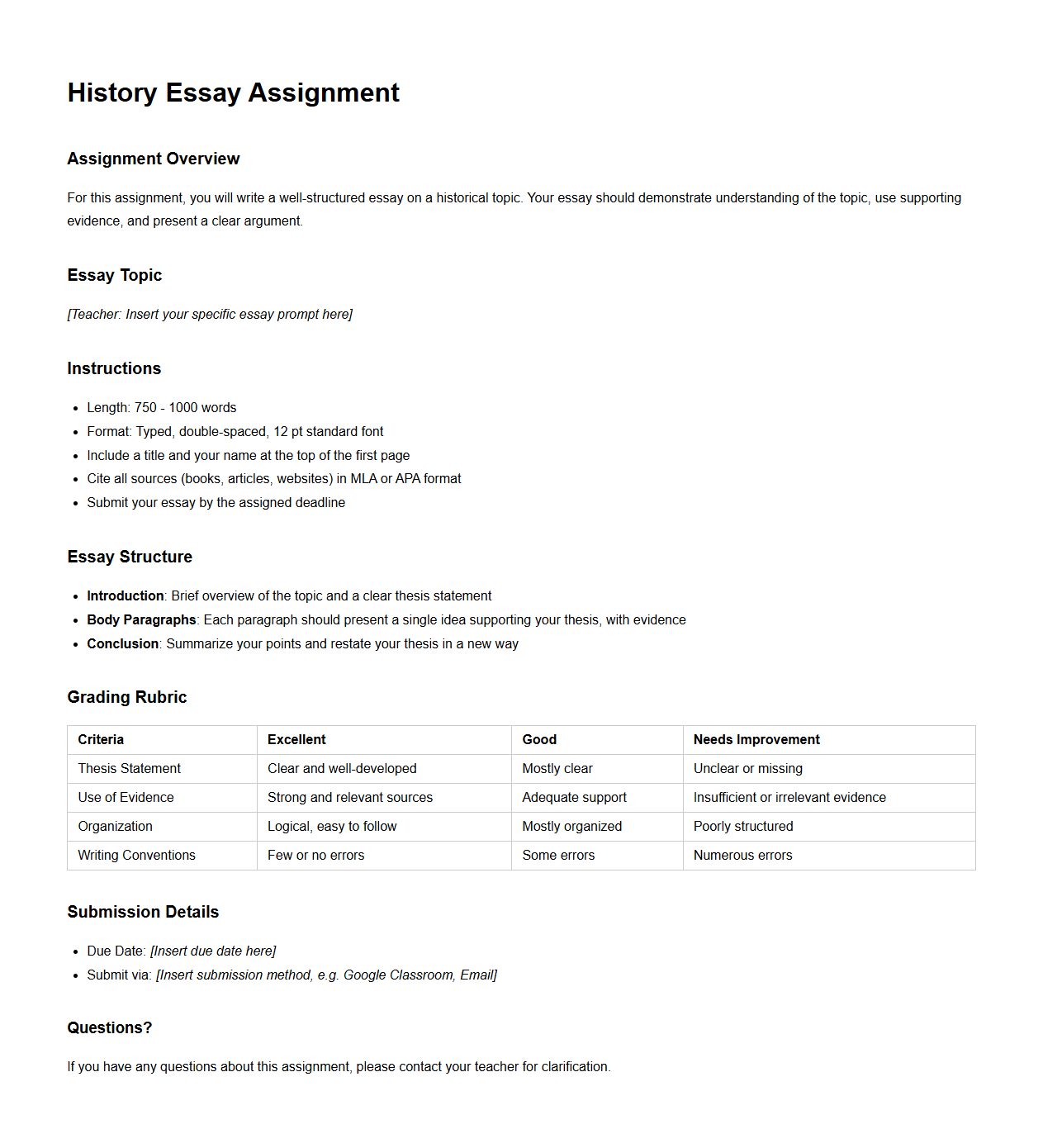 History Essay Assignment Document for High School