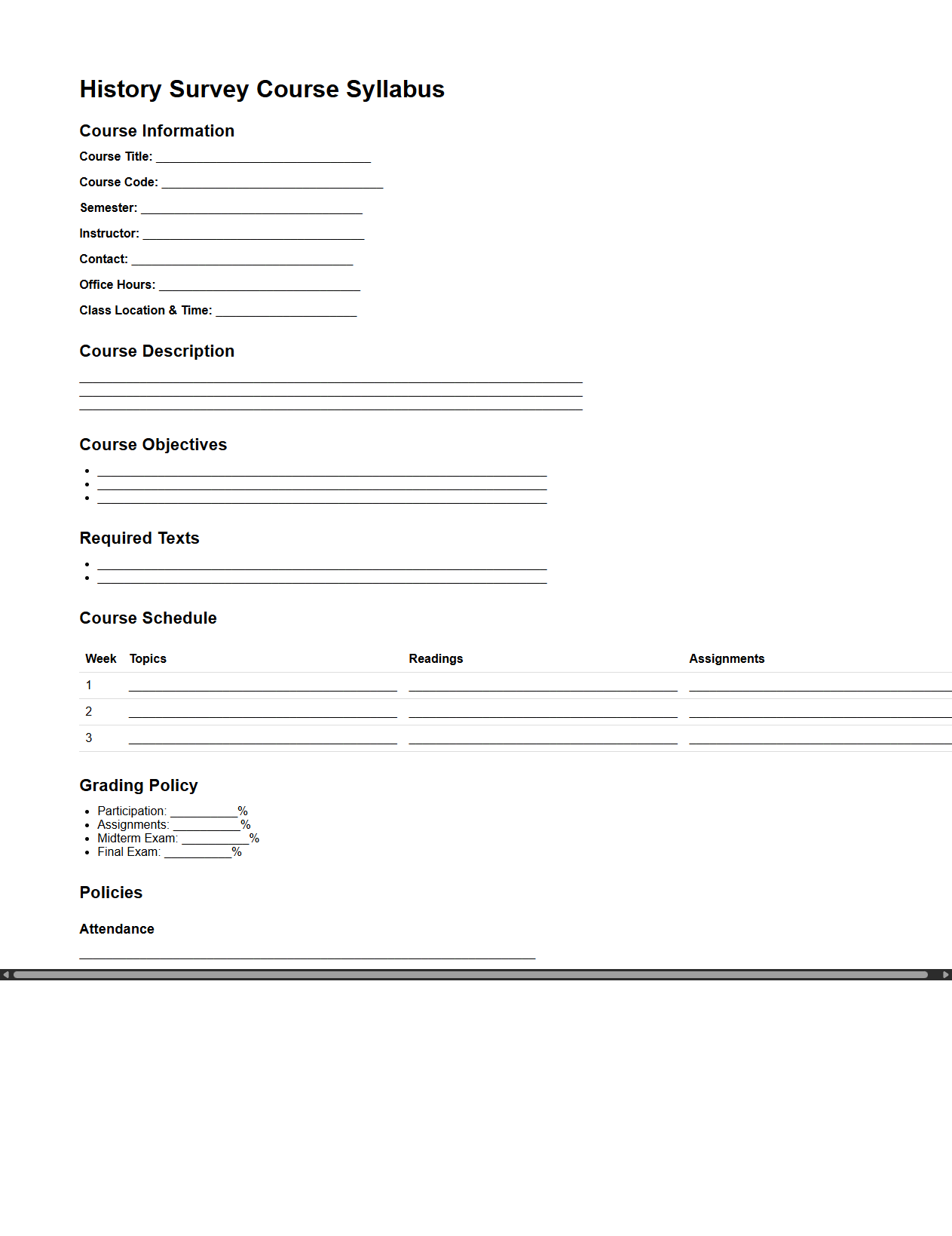 History Survey Course Syllabus Format