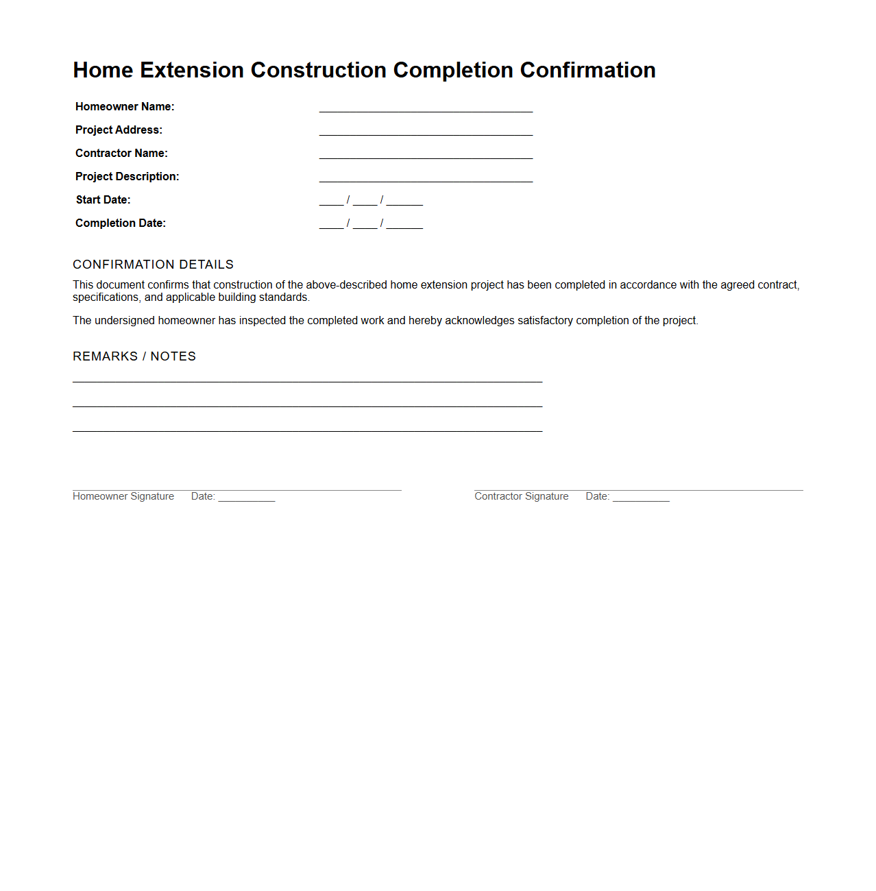 Home Extension Construction Completion Confirmation