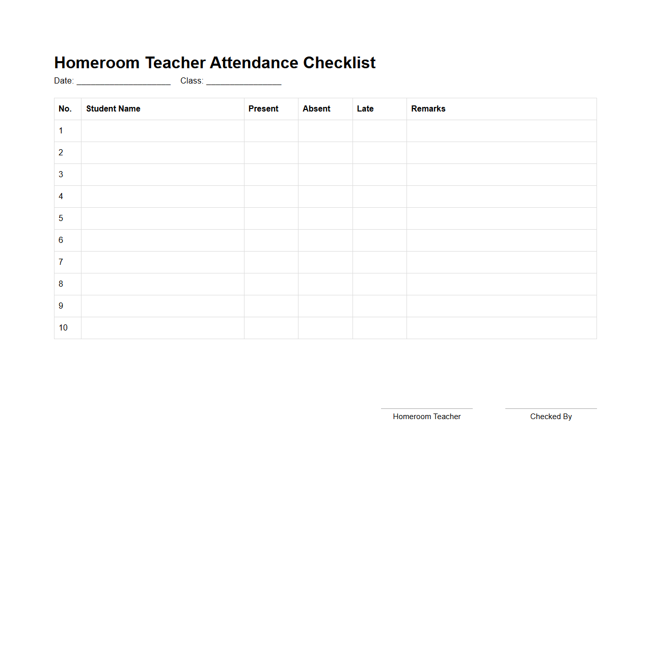 Homeroom Teacher Attendance Checklist