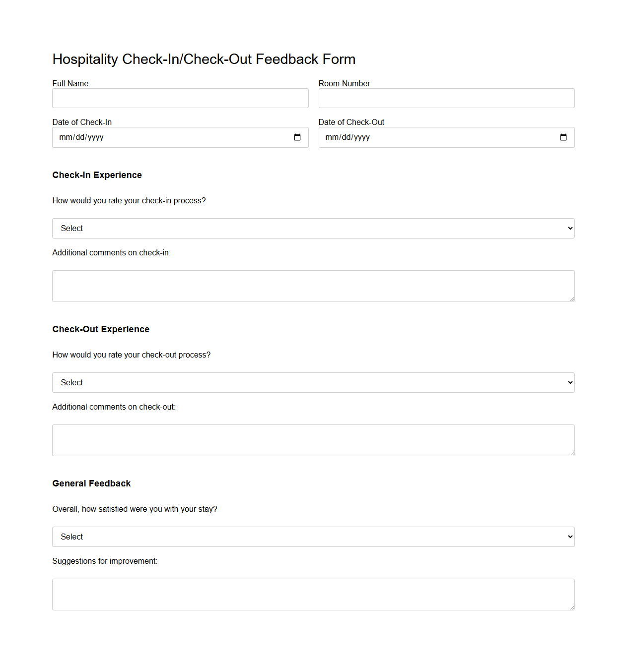 Hospitality Check-In/Check-Out Feedback Form