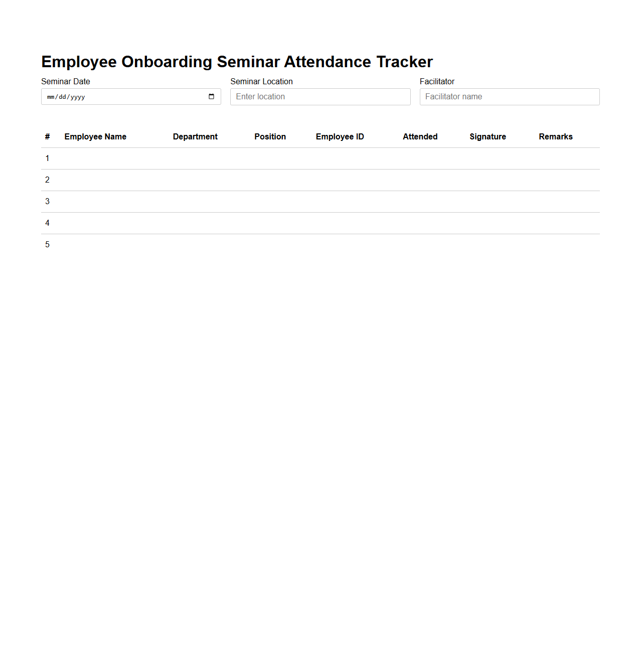 Hospitality Employee Onboarding Seminar Attendance Tracker