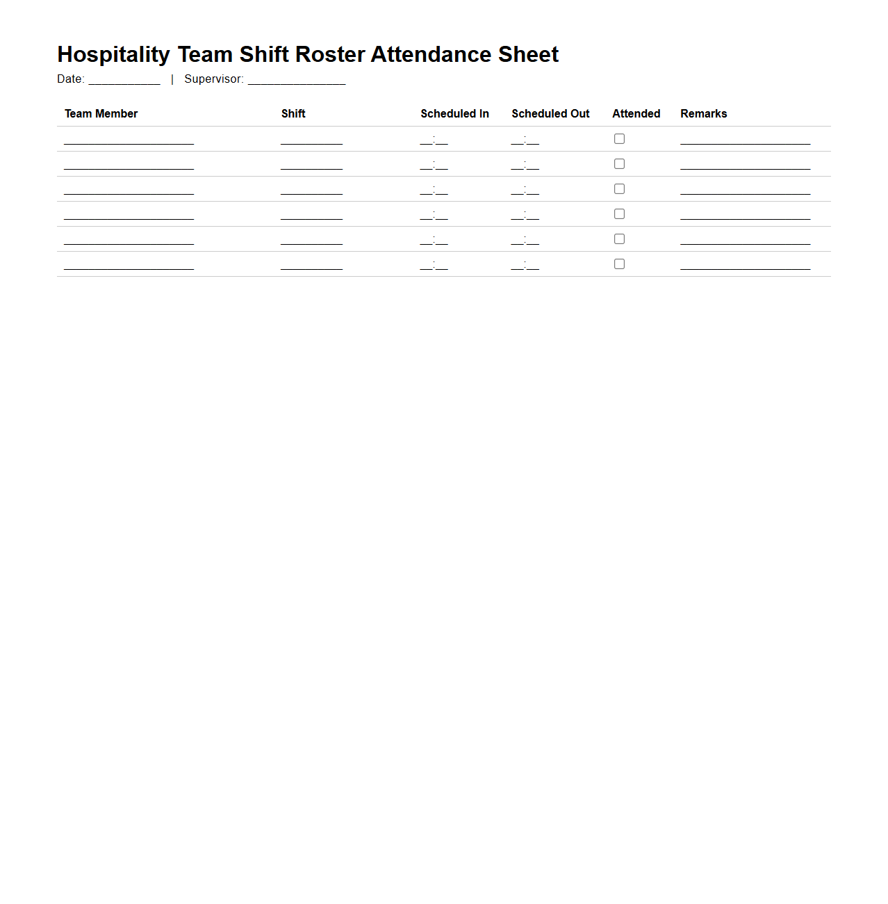 Hospitality Team Shift Roster Attendance Sheet