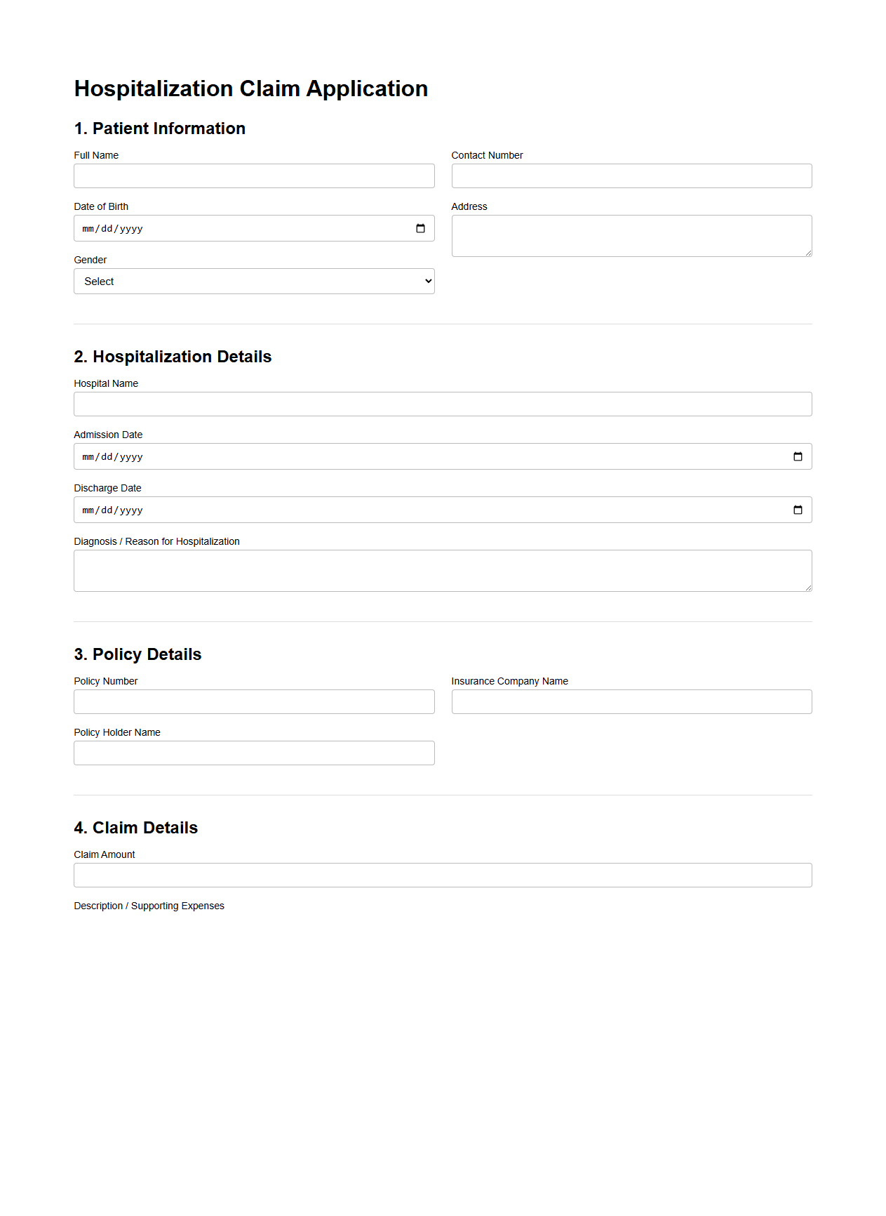 Hospitalization Claim Application Sample