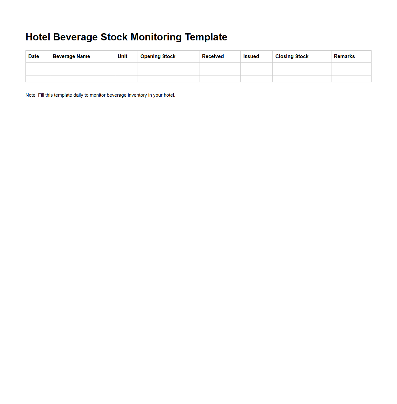Hotel Beverage Stock Monitoring Template