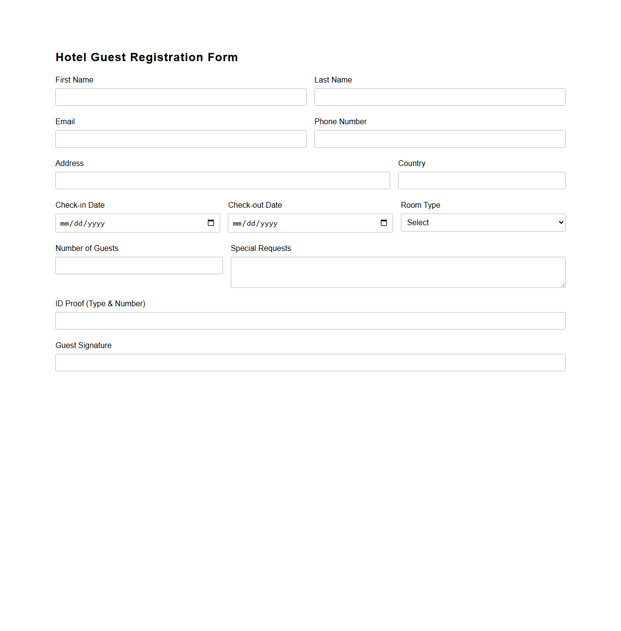 Hotel Guest Registration Form Template