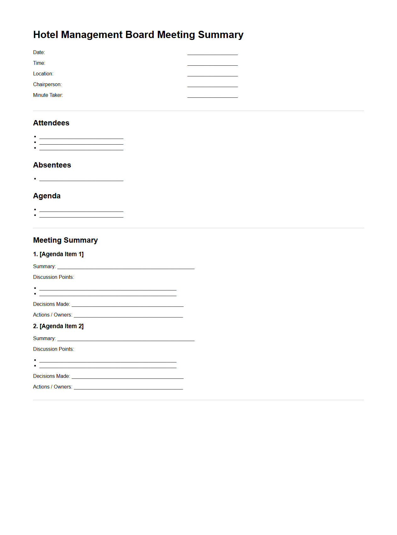 Hotel Management Board Meeting Summary Template
