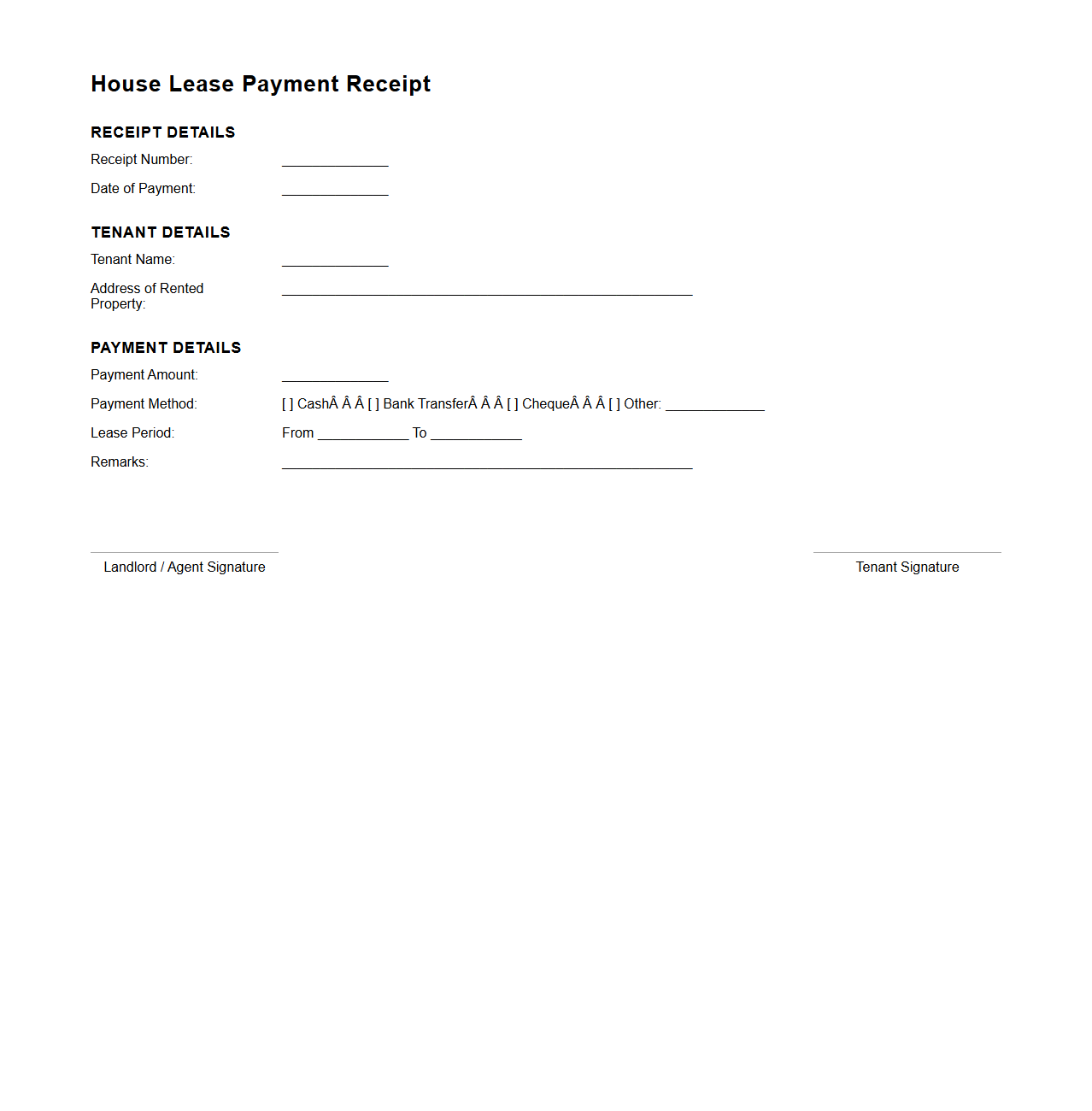 House Lease Payment Receipt Example