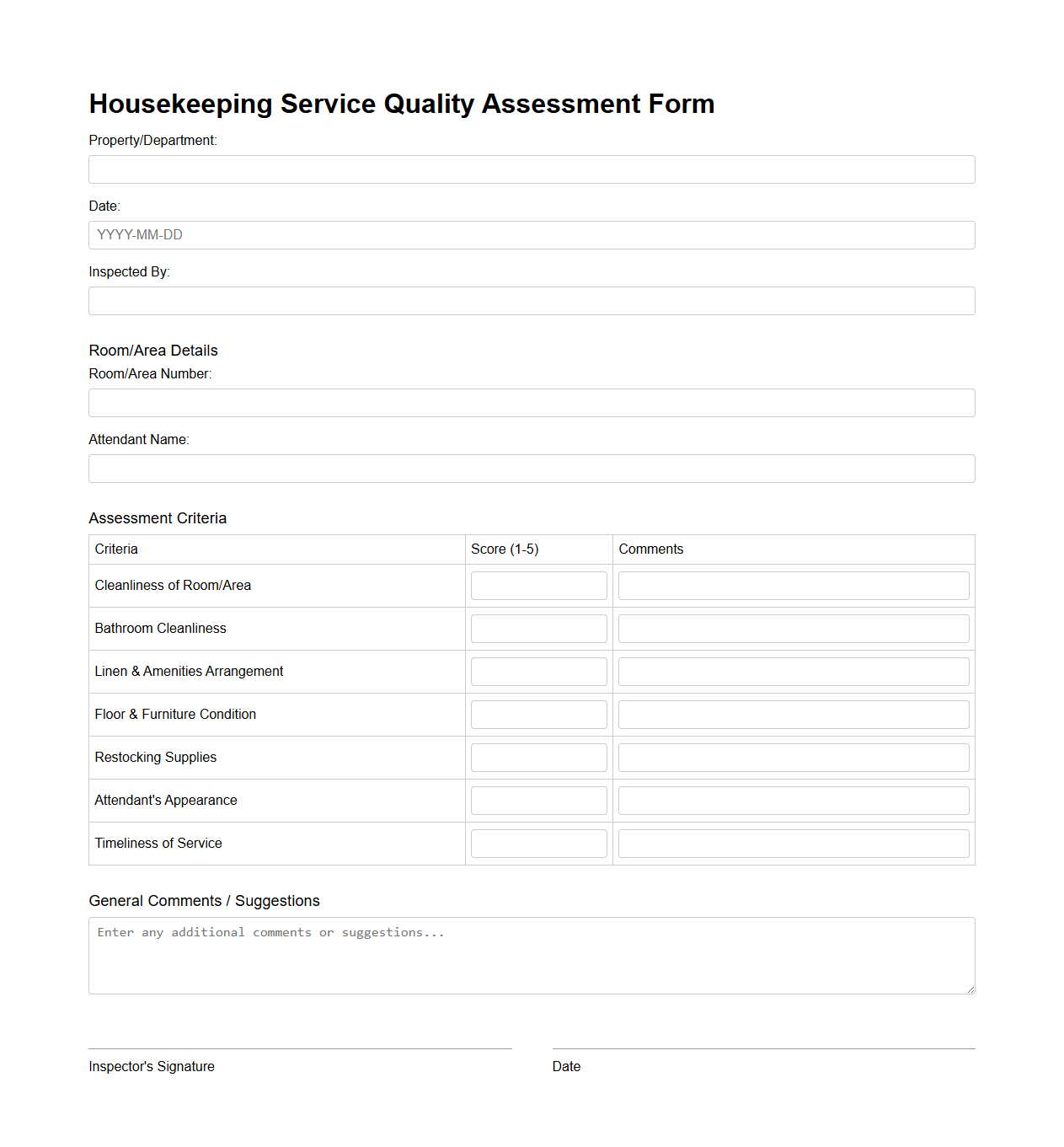 Housekeeping Service Quality Assessment Form