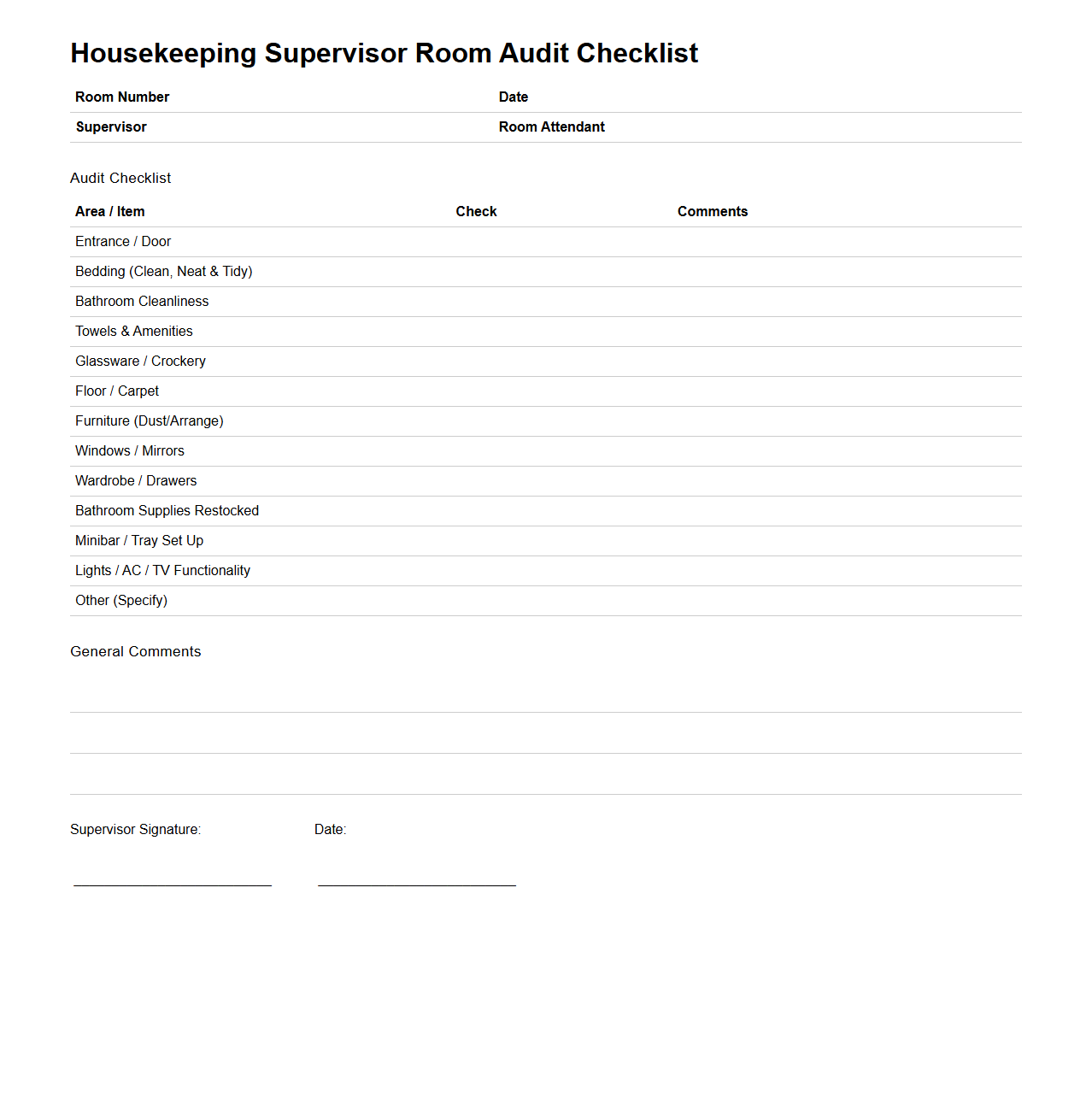 Housekeeping Supervisor Room Audit Checklist