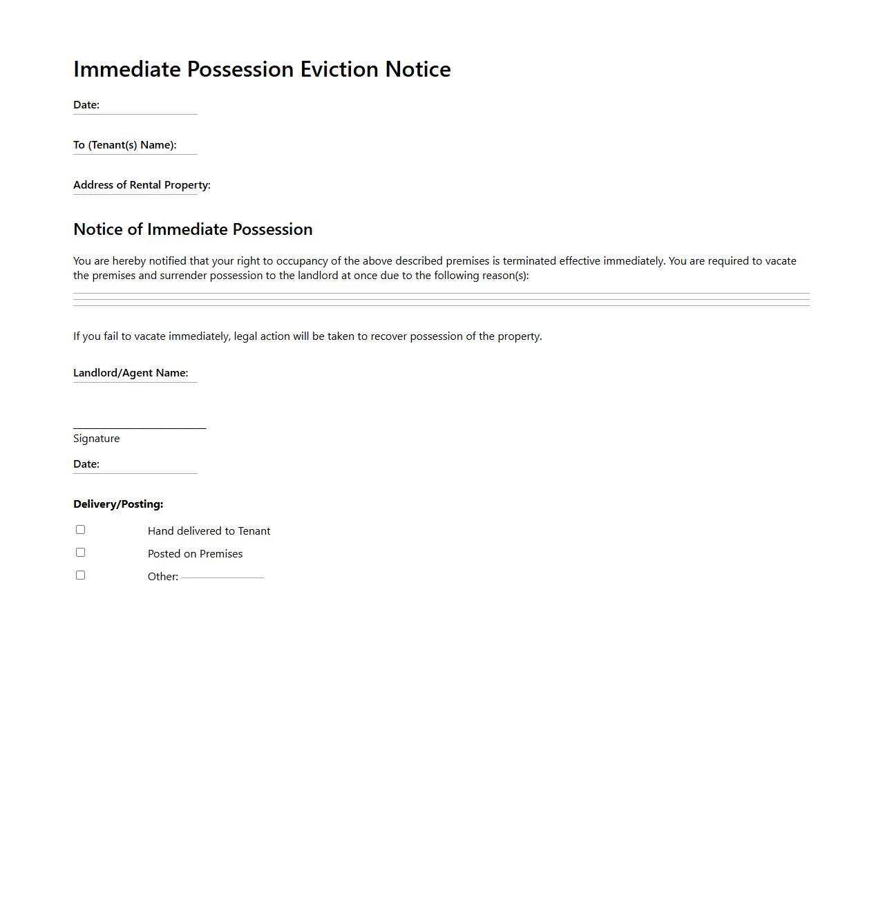 Immediate Possession Eviction Document Sample