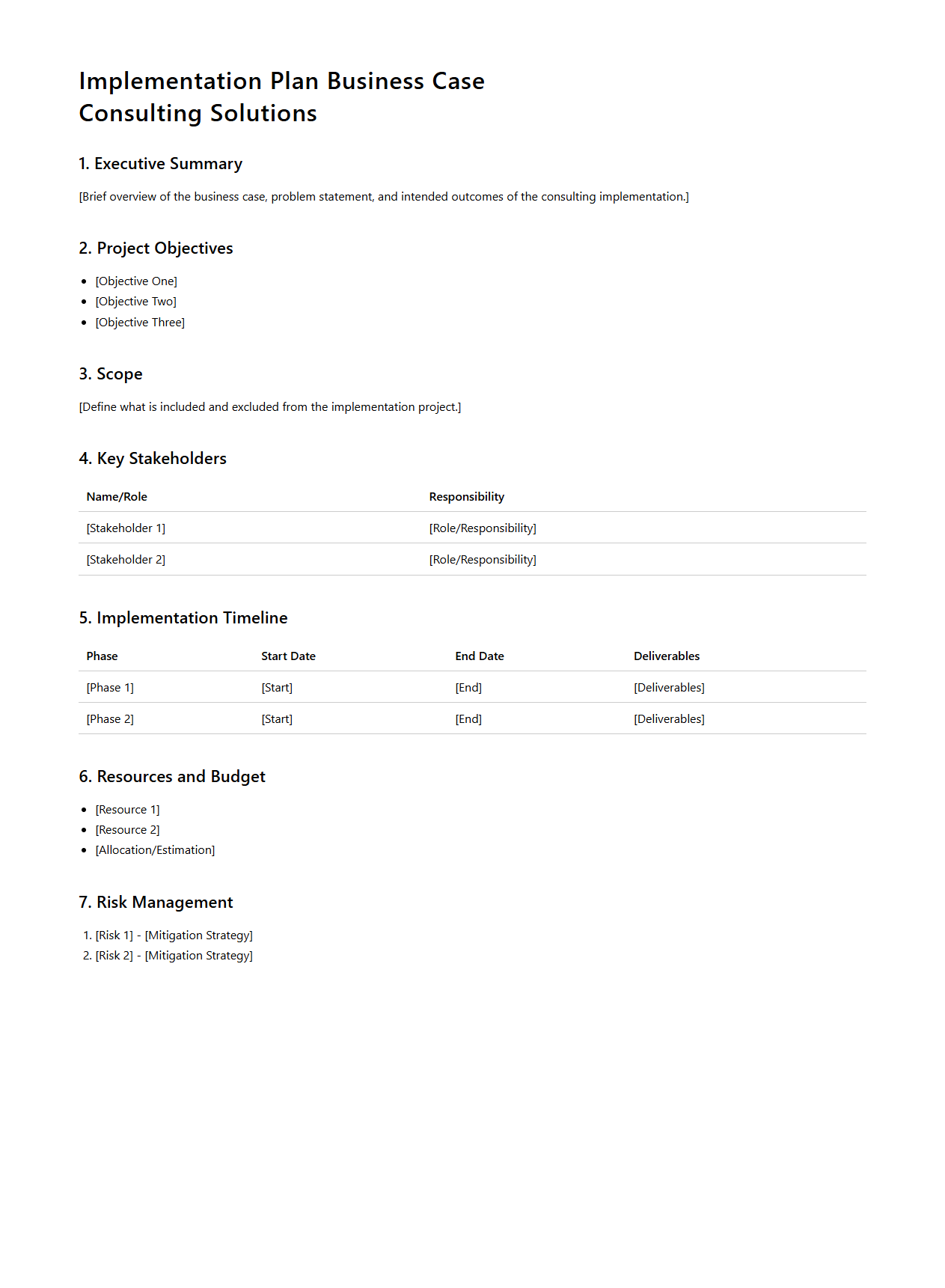 Implementation Plan Business Case for Consulting Solutions