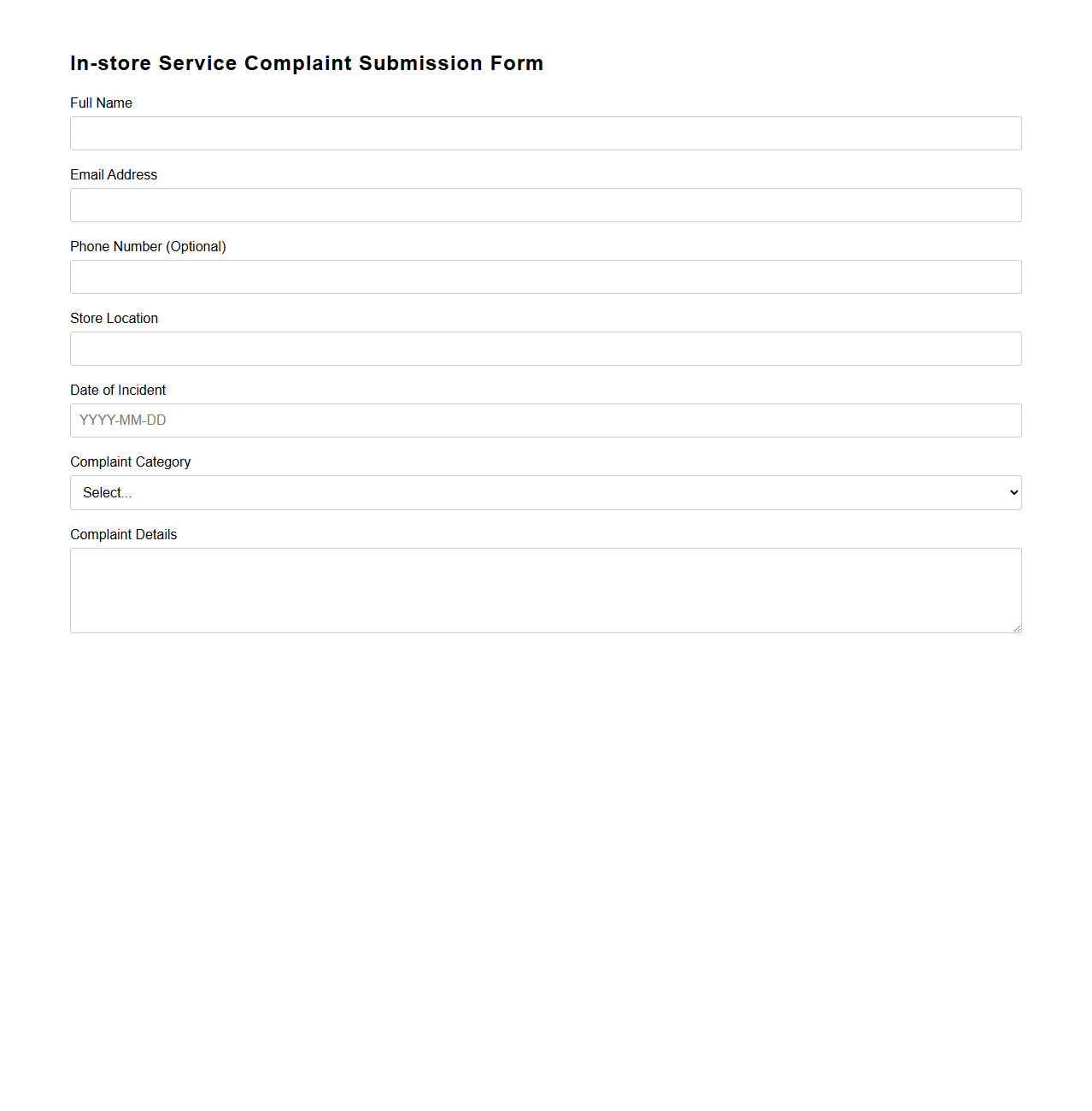 In-store Service Complaint Submission Form