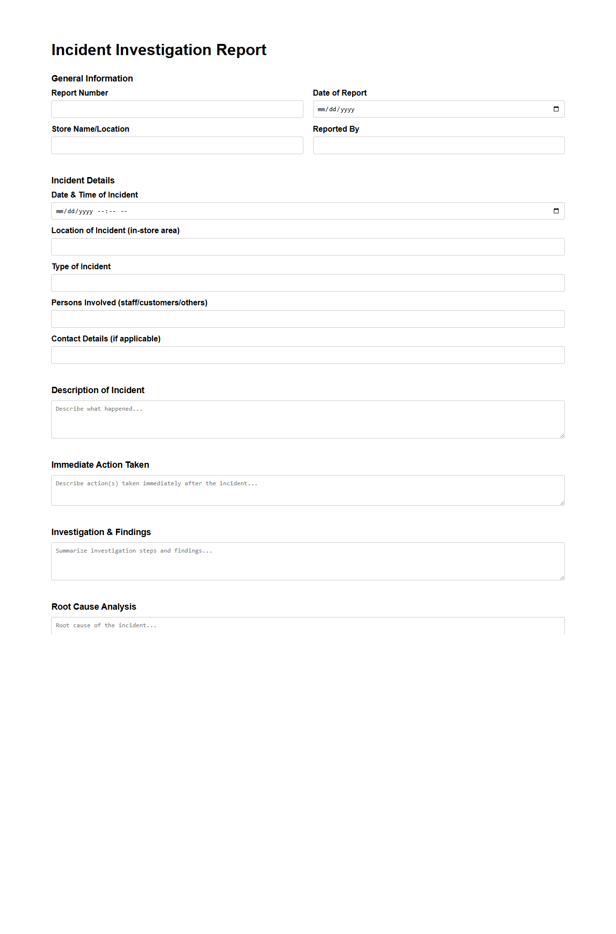 Incident Investigation Report Template for Retail Security