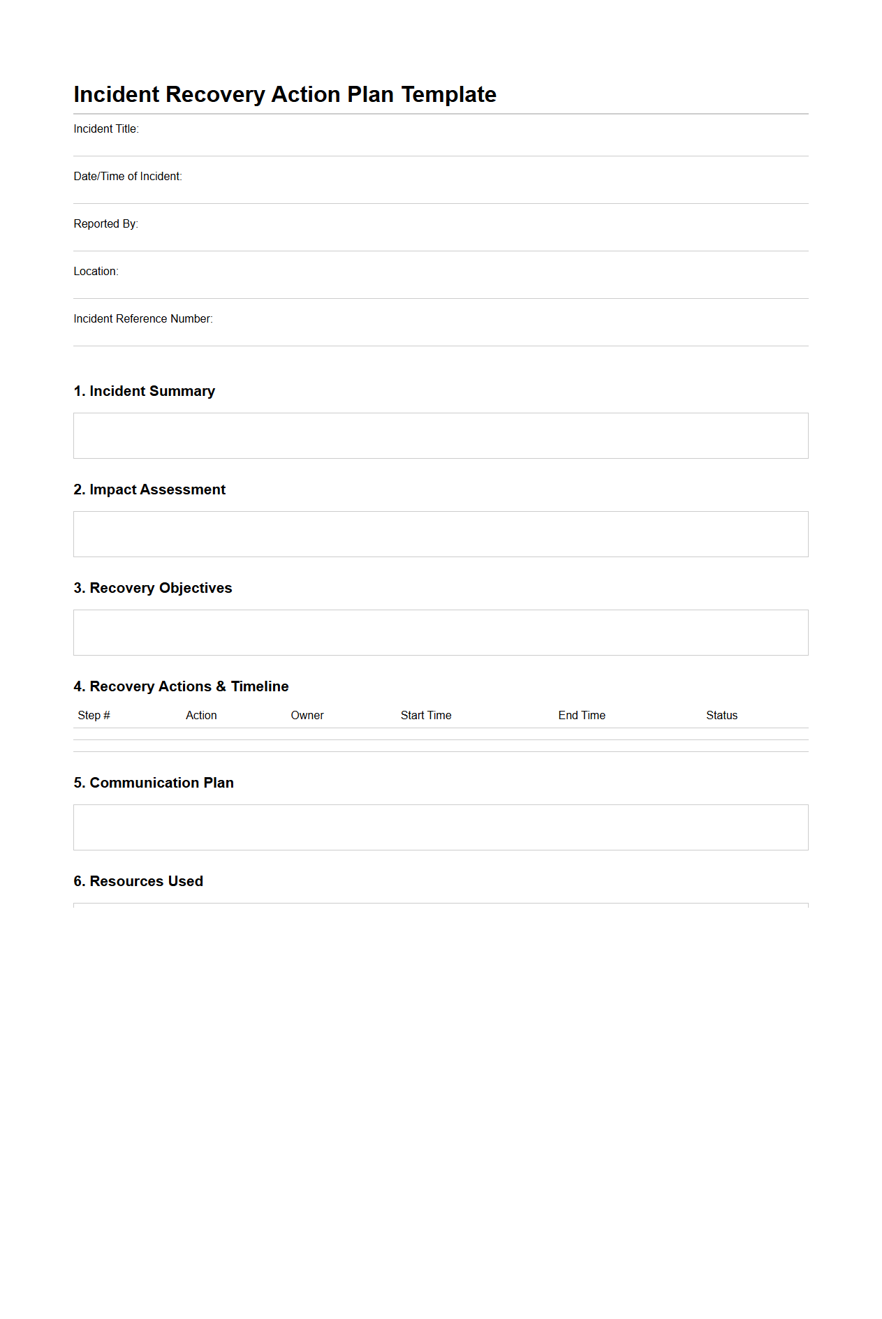 Incident Recovery Action Plan Template