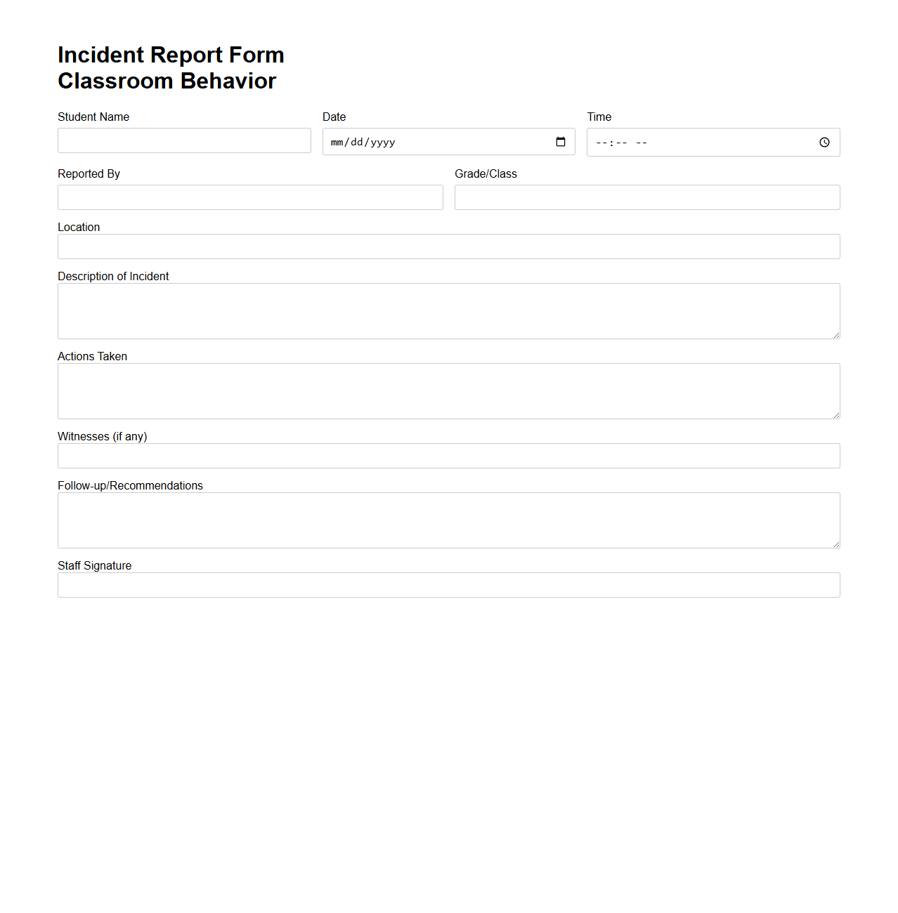 Incident Report Form for Classroom Behavior