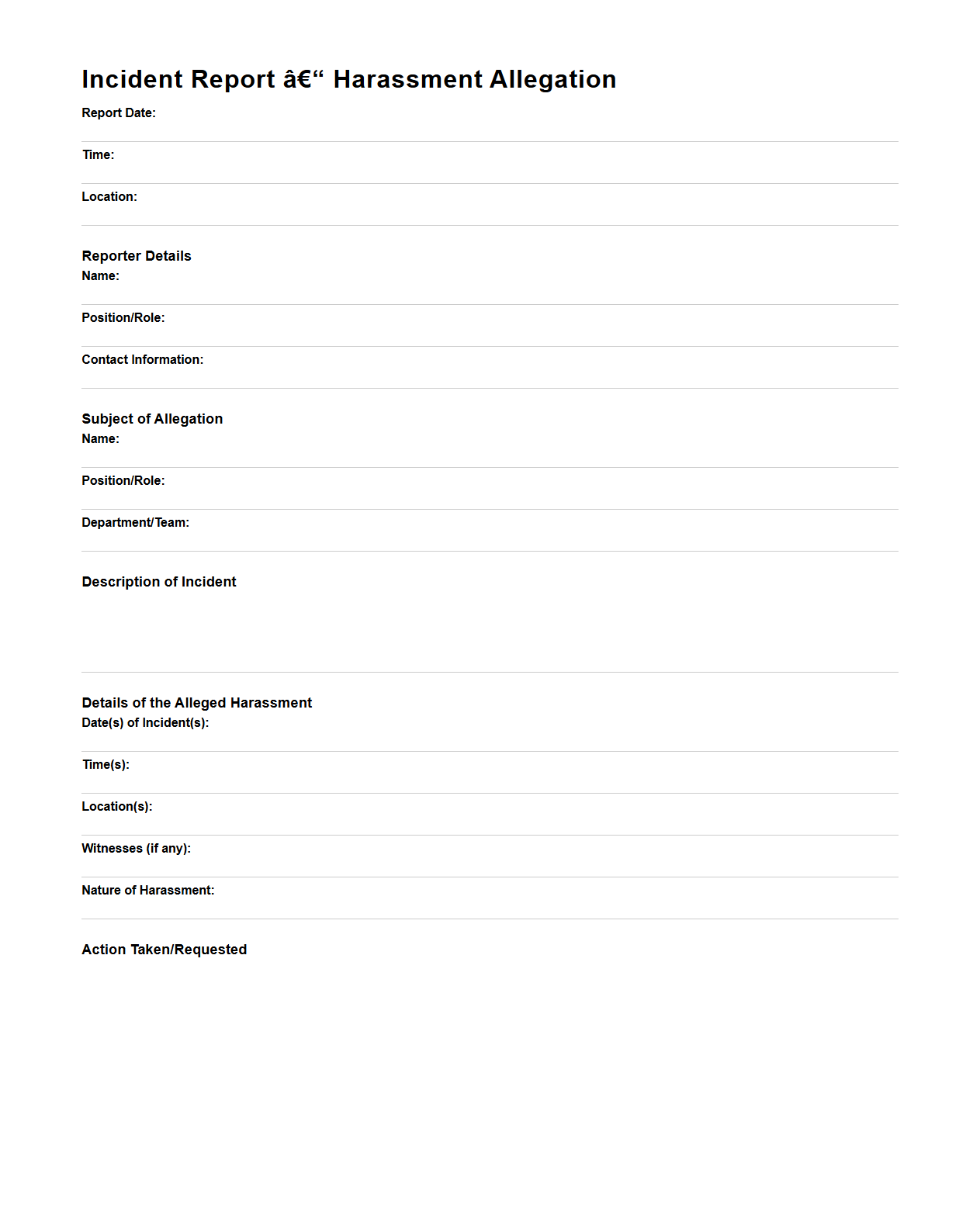 Incident Report for Harassment Allegation