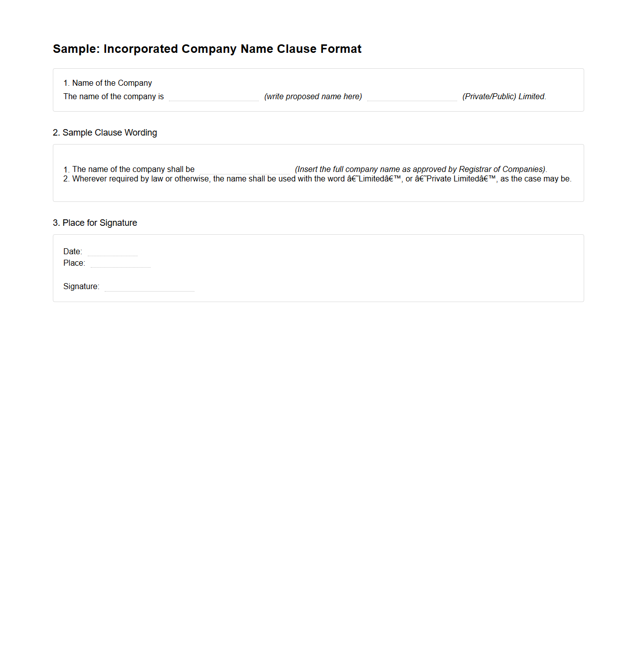 Incorporated Company Name Clause Format