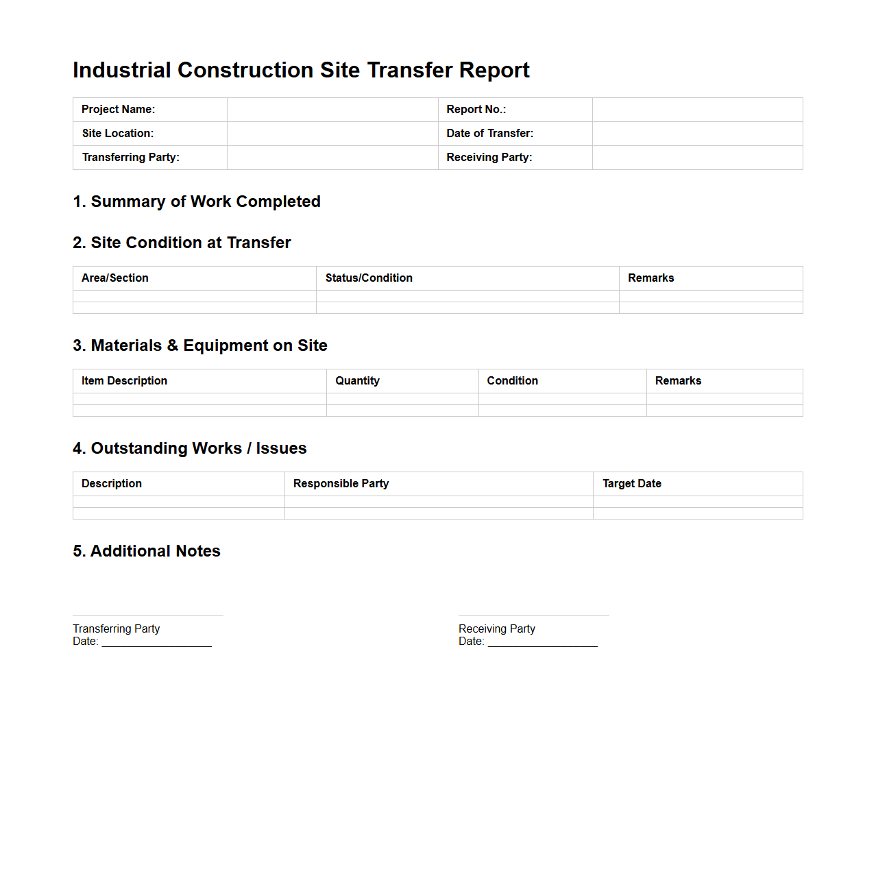 Industrial Construction Site Transfer Report Example