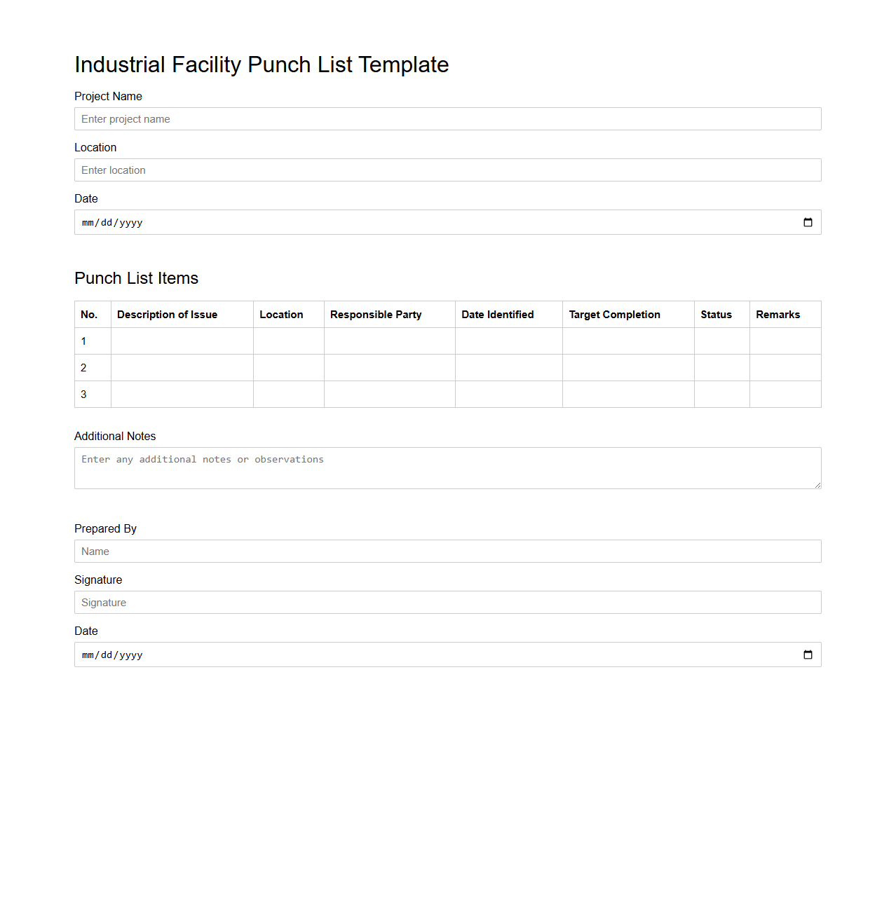 Industrial Facility Punch List Template