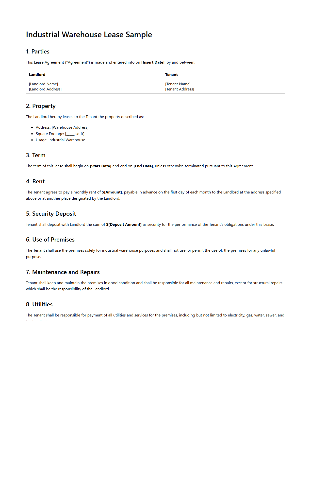 Industrial Warehouse Lease Sample