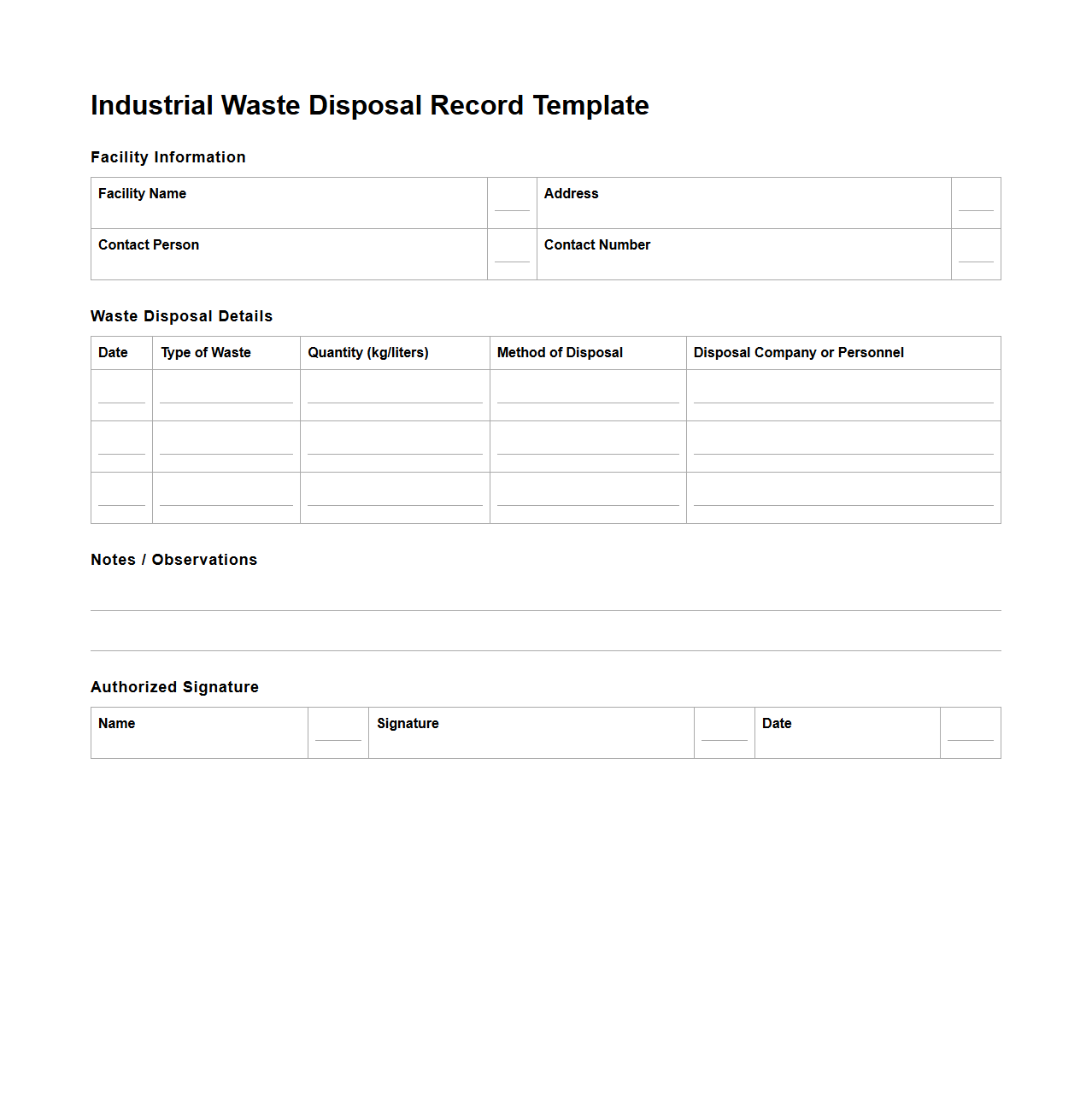 Industrial Waste Disposal Record Template