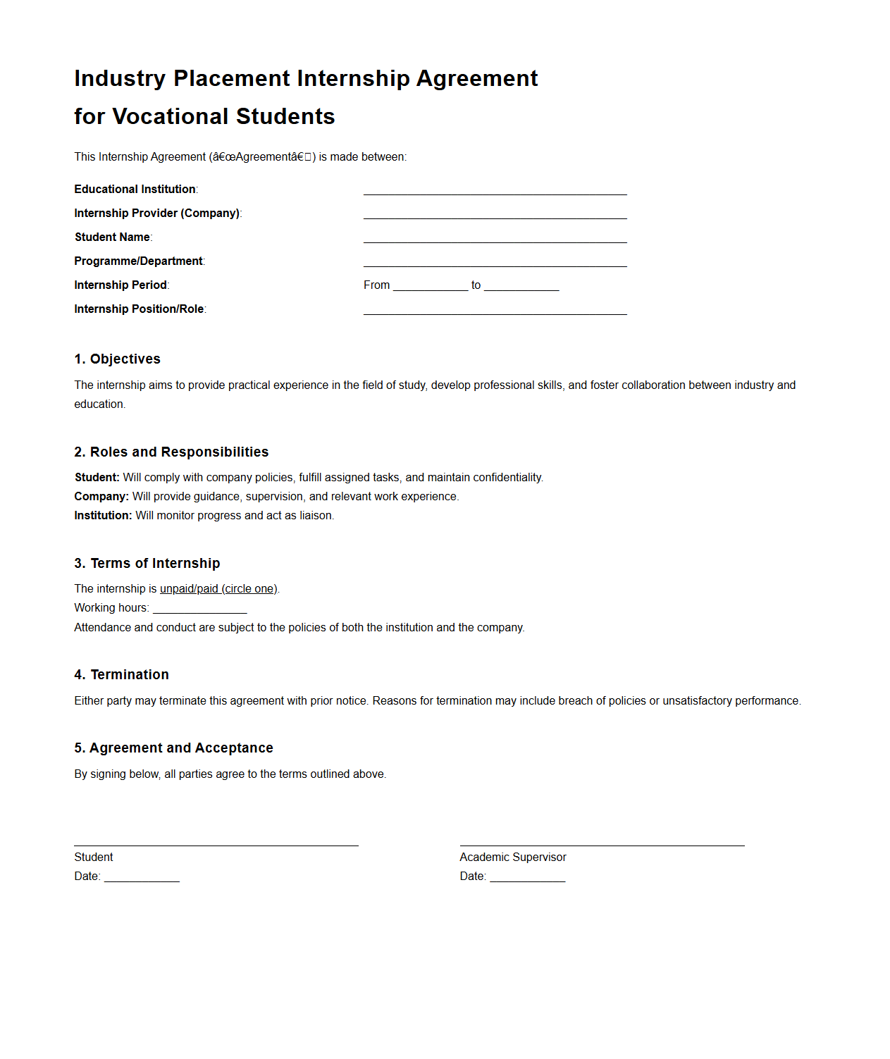 Industry Placement Internship Agreement for Vocational Students