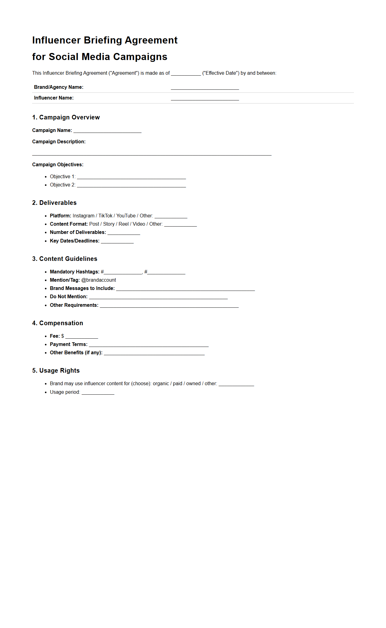Influencer Briefing Agreement for Social Media Campaigns