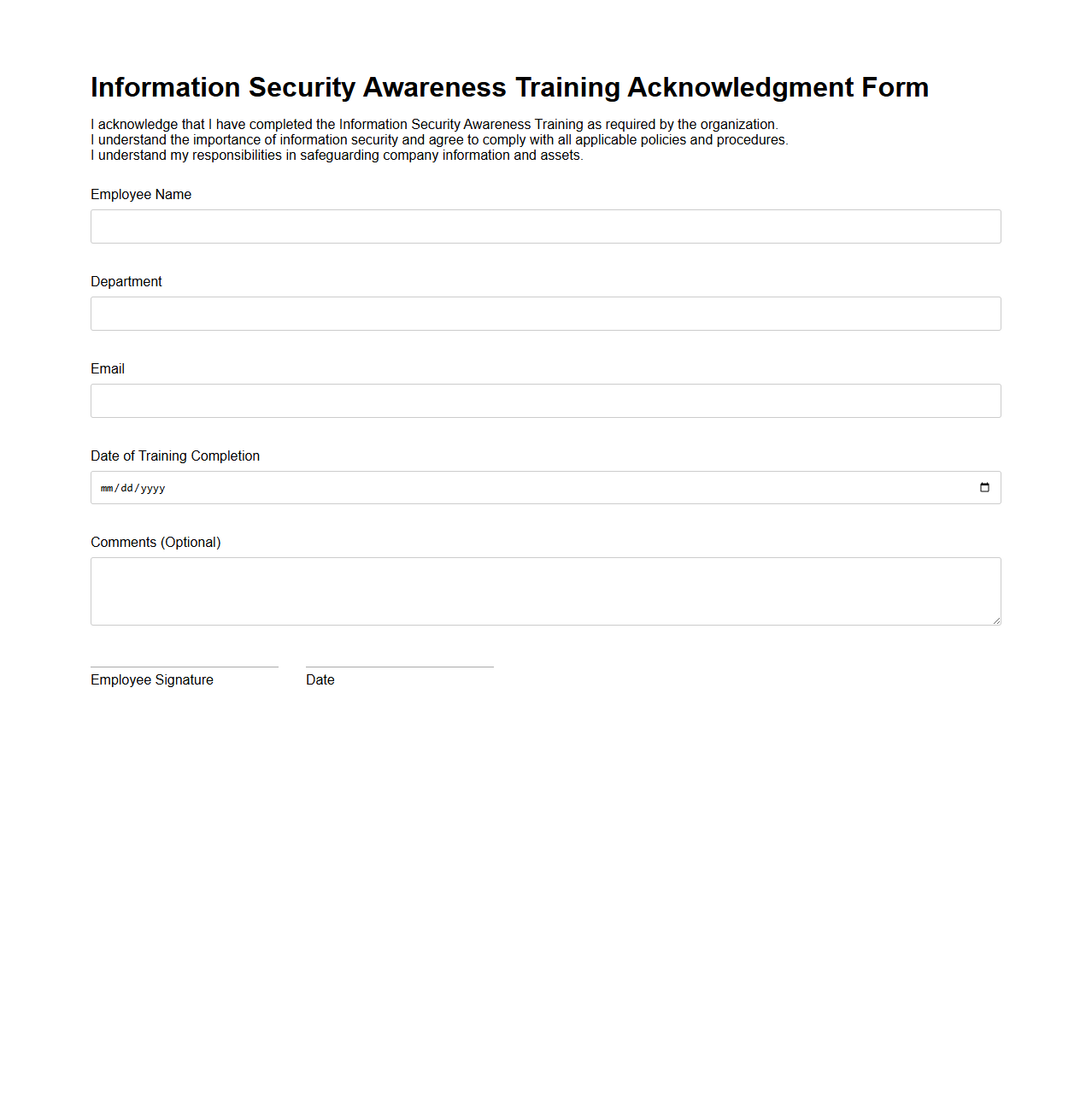 Information Security Awareness Training Acknowledgment Form