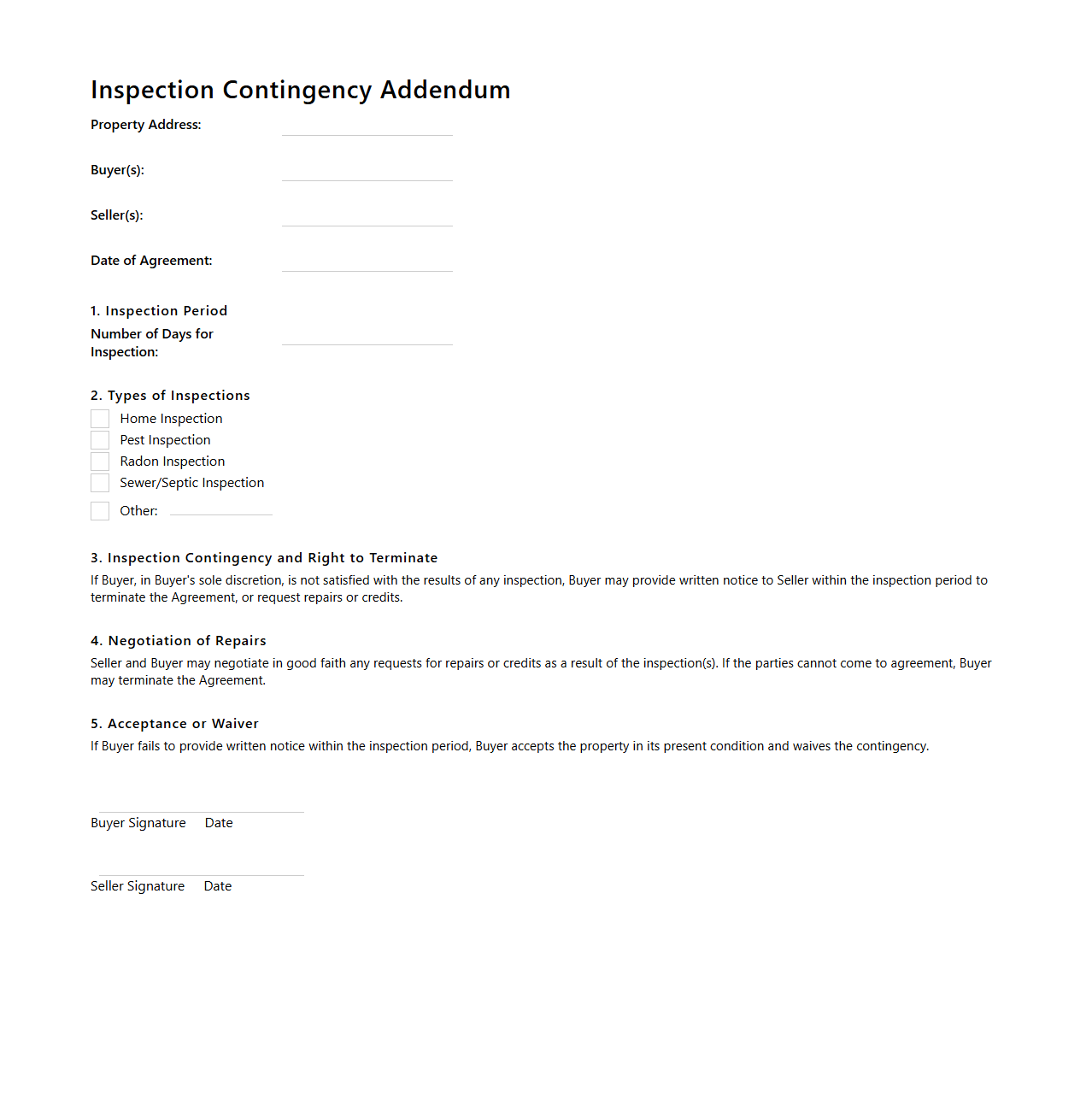 Inspection Contingency Addendum Format