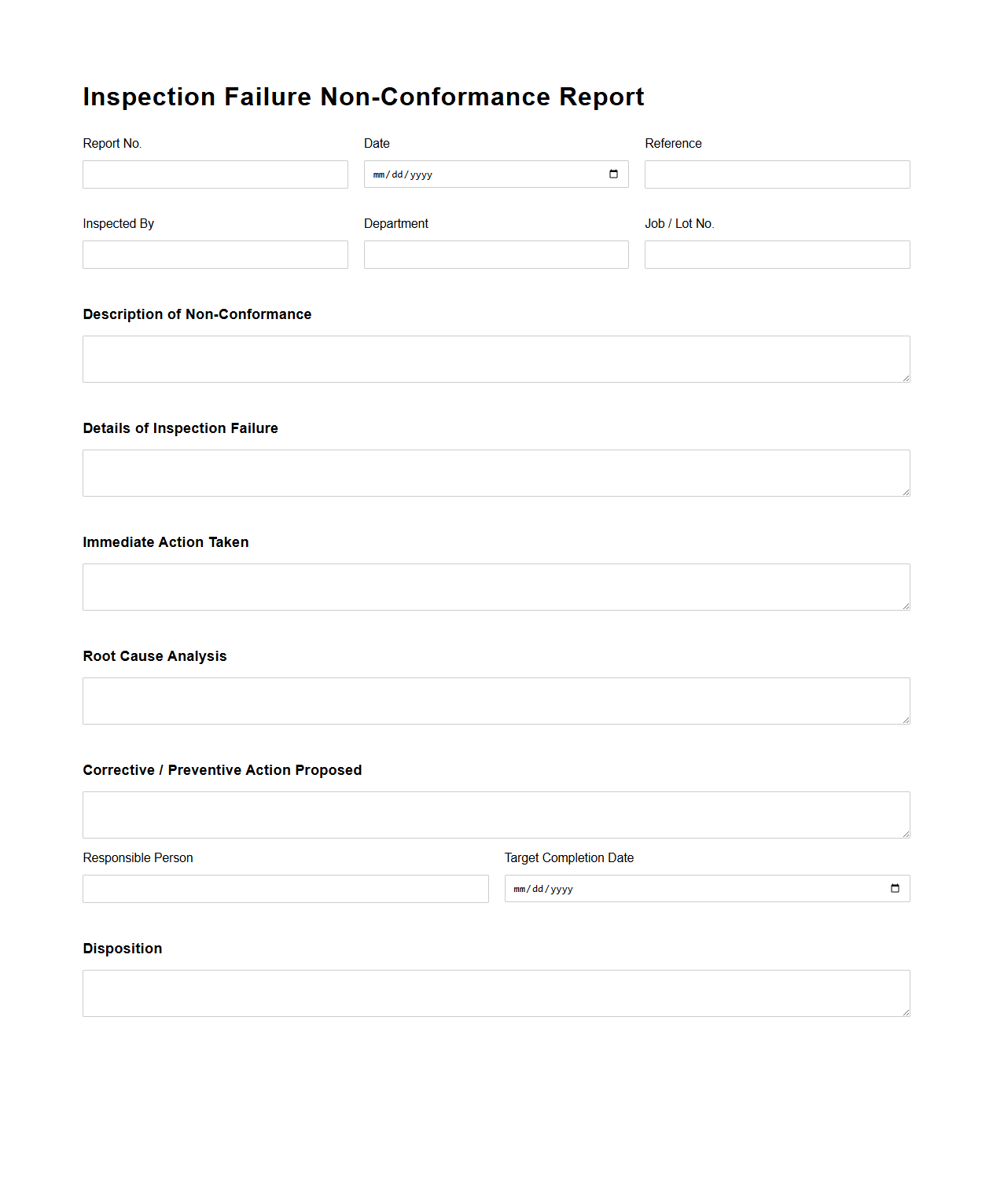 Inspection Failure Non-Conformance Report Template