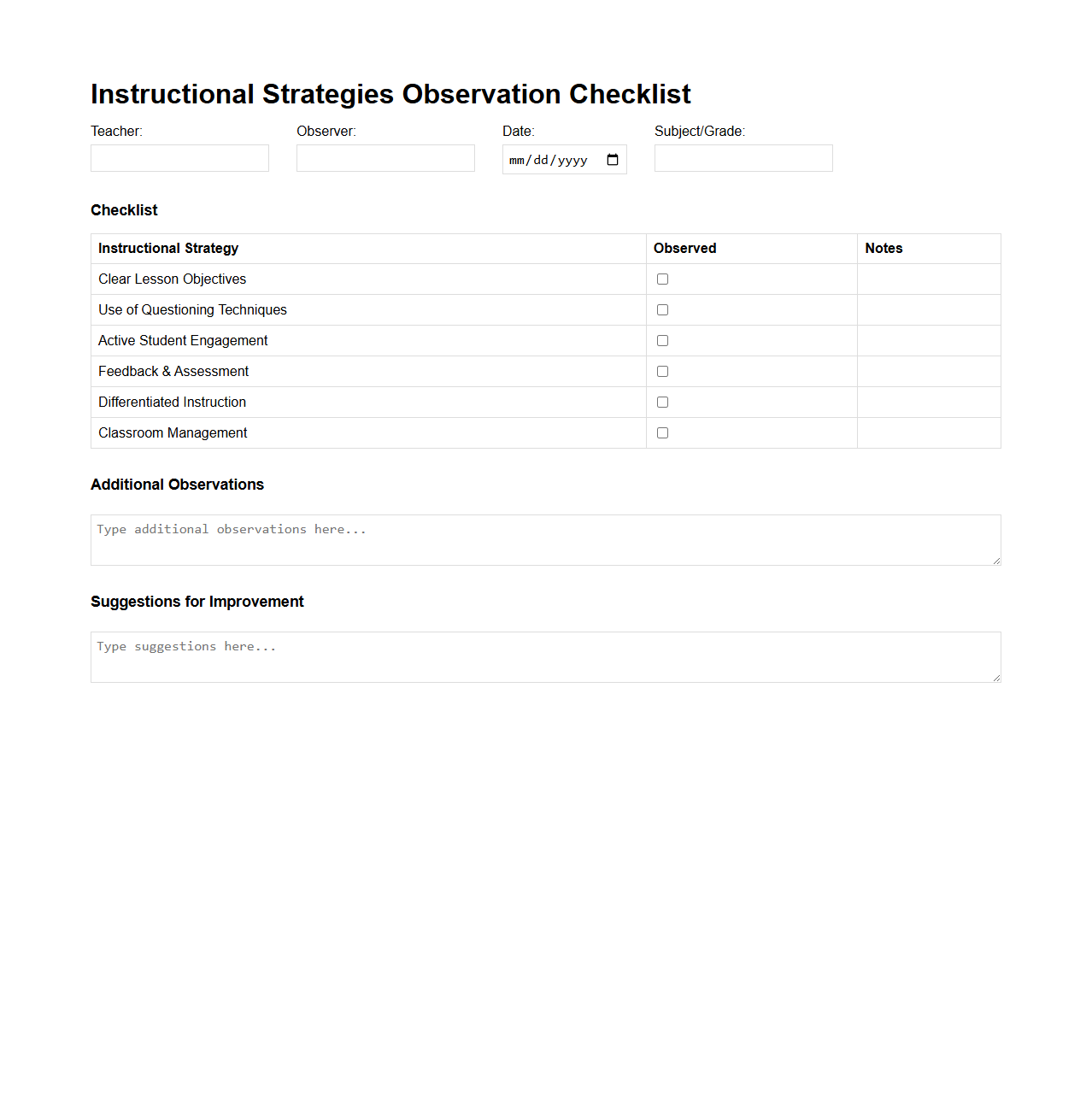 Instructional Strategies Observation Checklist