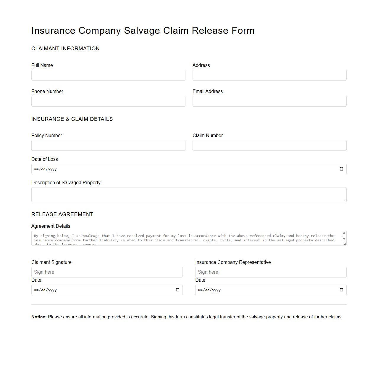 Insurance Company Salvage Claim Release Form