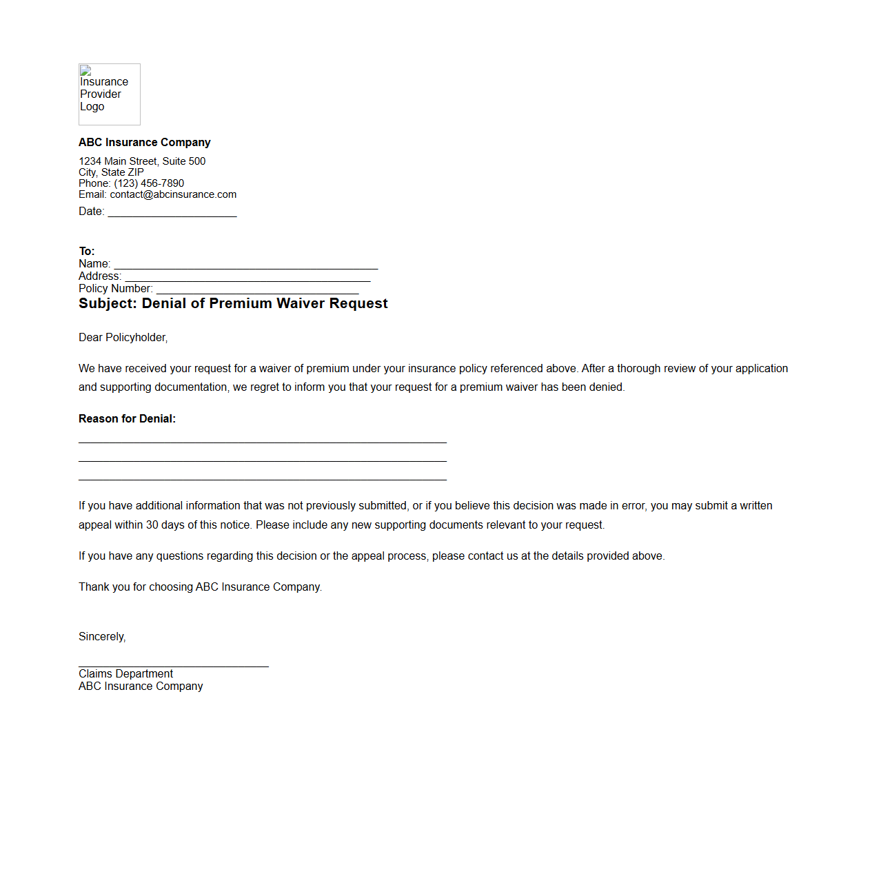 Insurance Provider Denial Notice for Premium Waiver