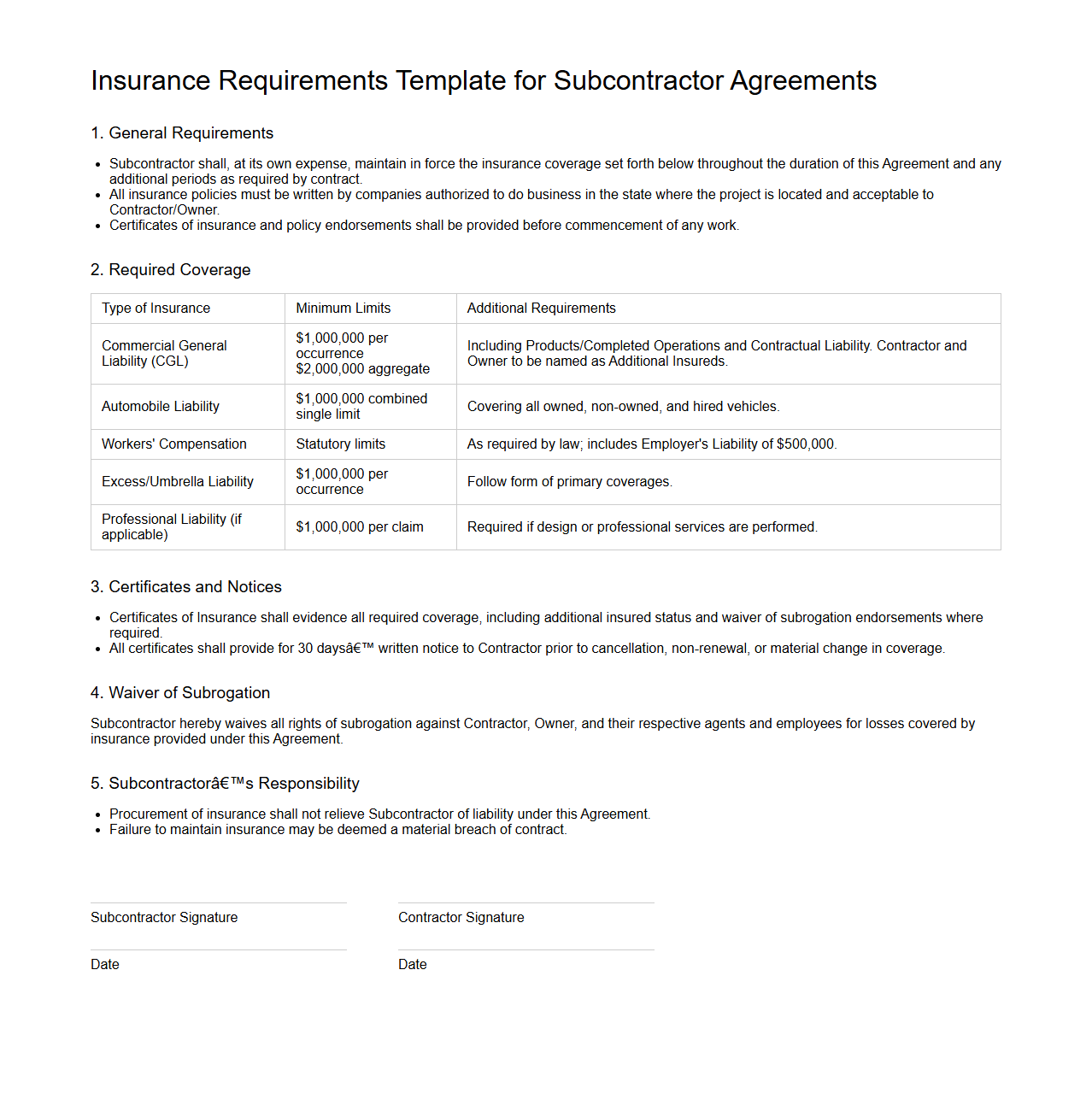 Insurance Requirements Template for Subcontractor Agreements