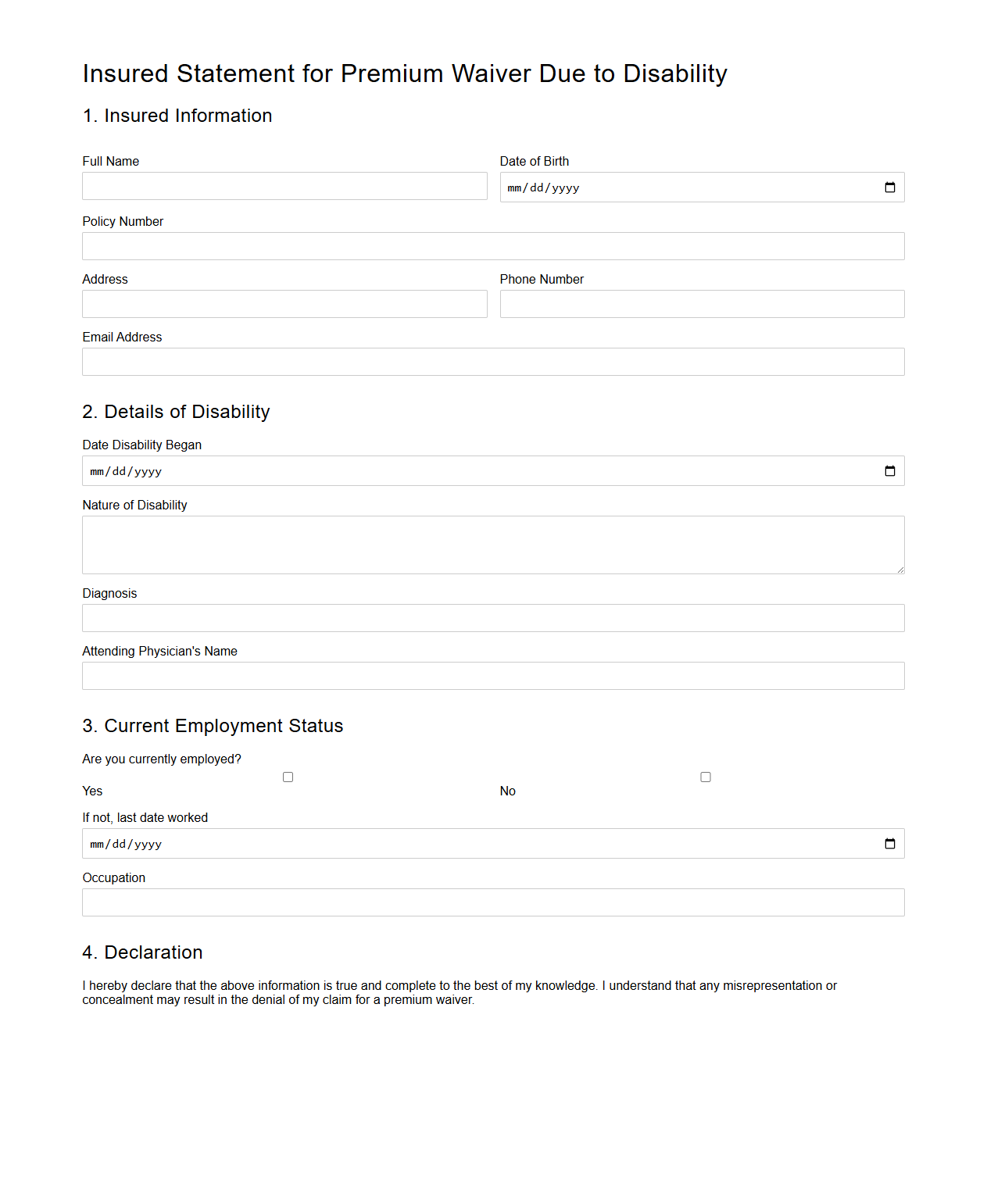 Insured Statement for Premium Waiver Due to Disability