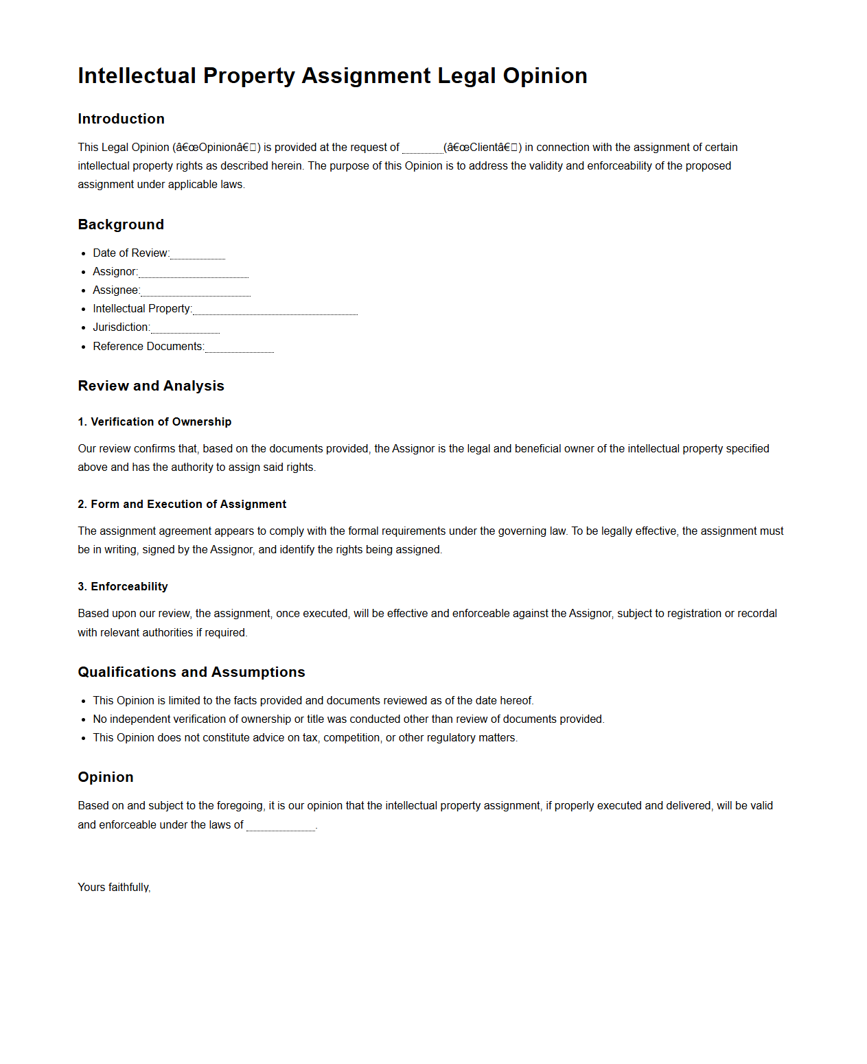 Intellectual Property Assignment Legal Opinion