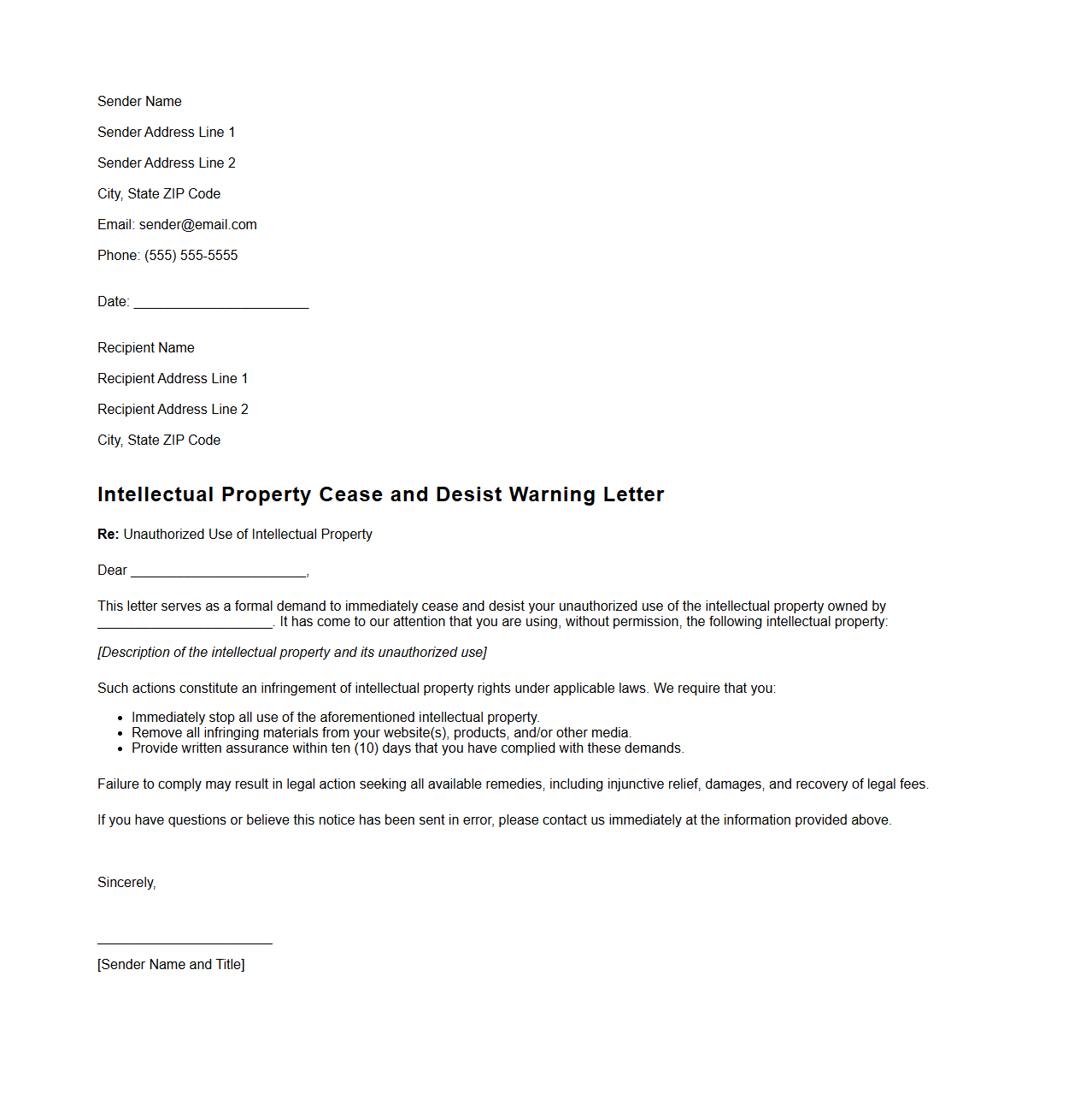 Intellectual Property Cease and Desist Warning Letter