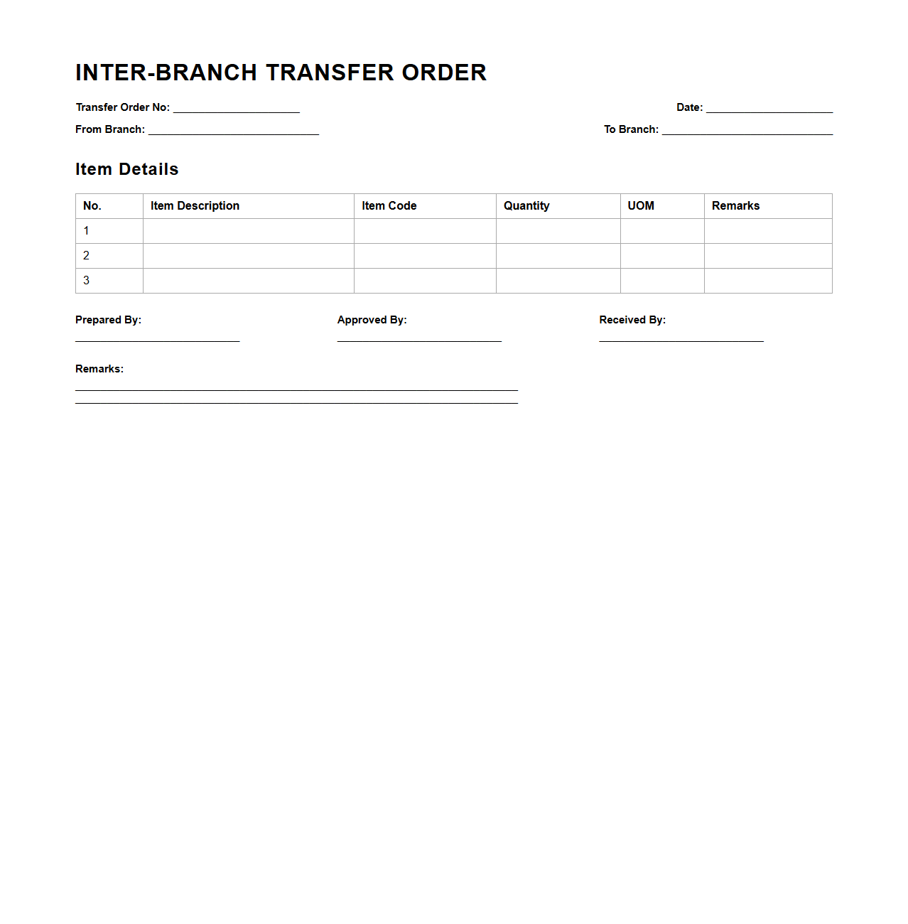 Inter-Branch Transfer Order Sample