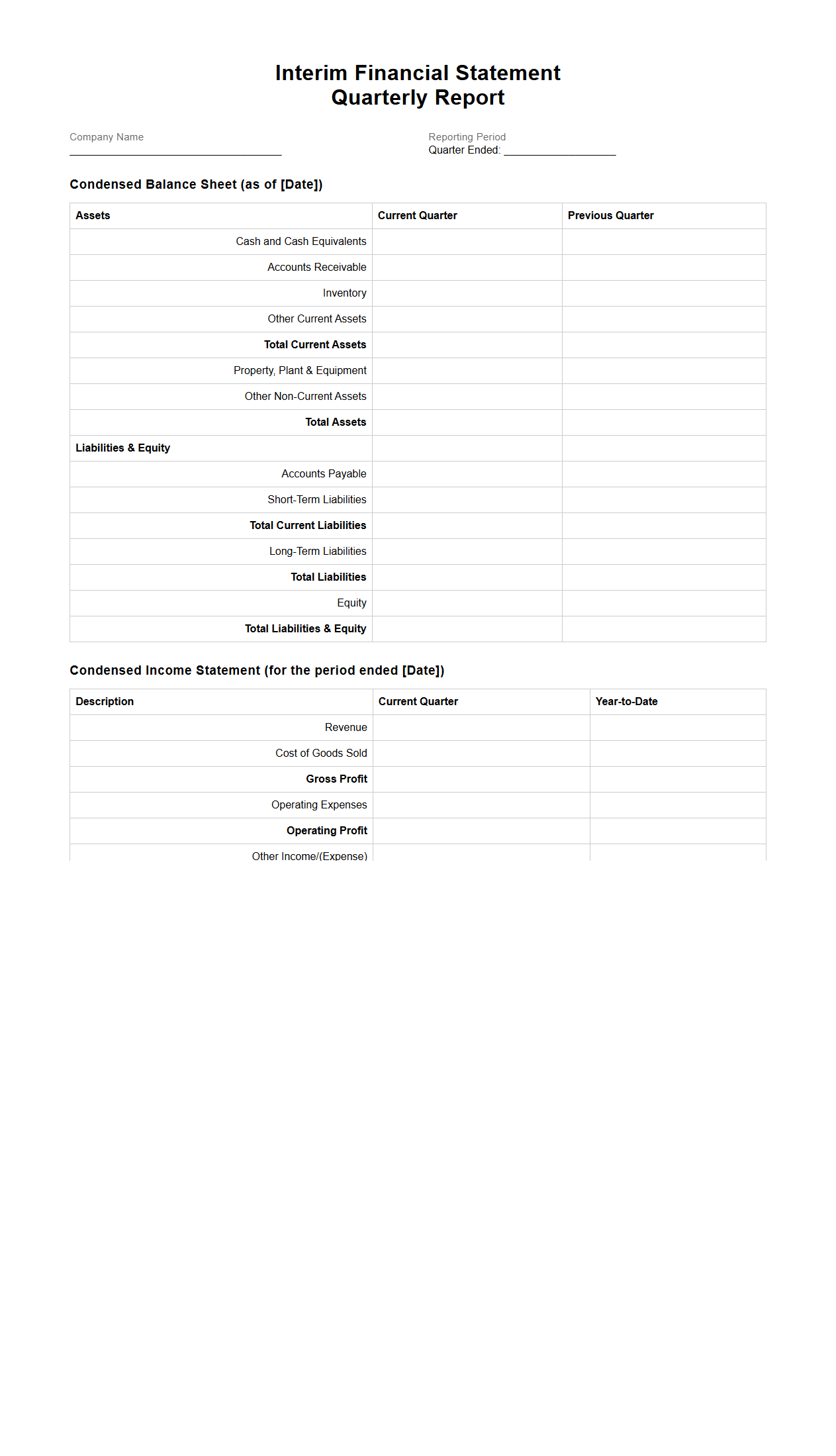 Interim Financial Statement Template for Quarterly Reporting