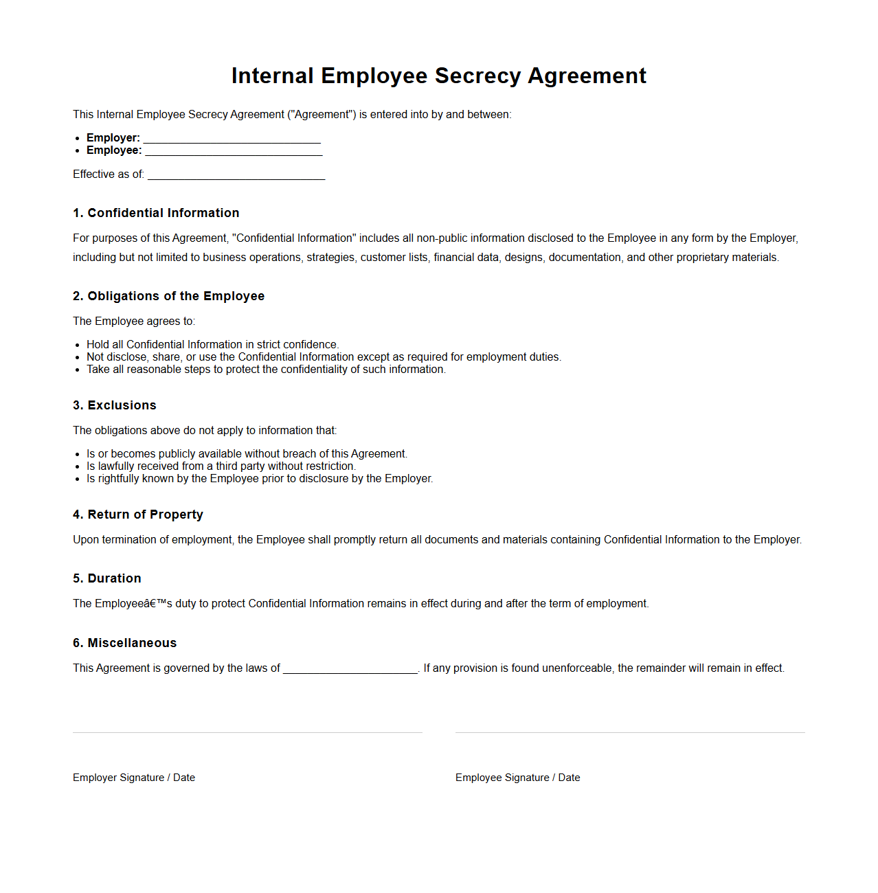 Internal Employee Secrecy Agreement Document