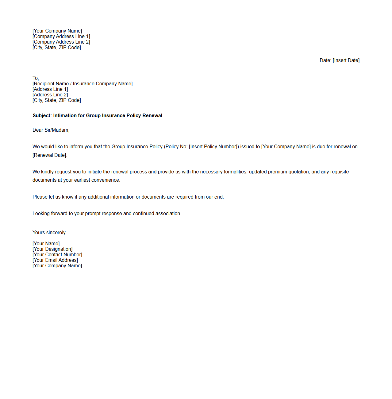 Intimation Letter for Group Insurance Policy Renewal