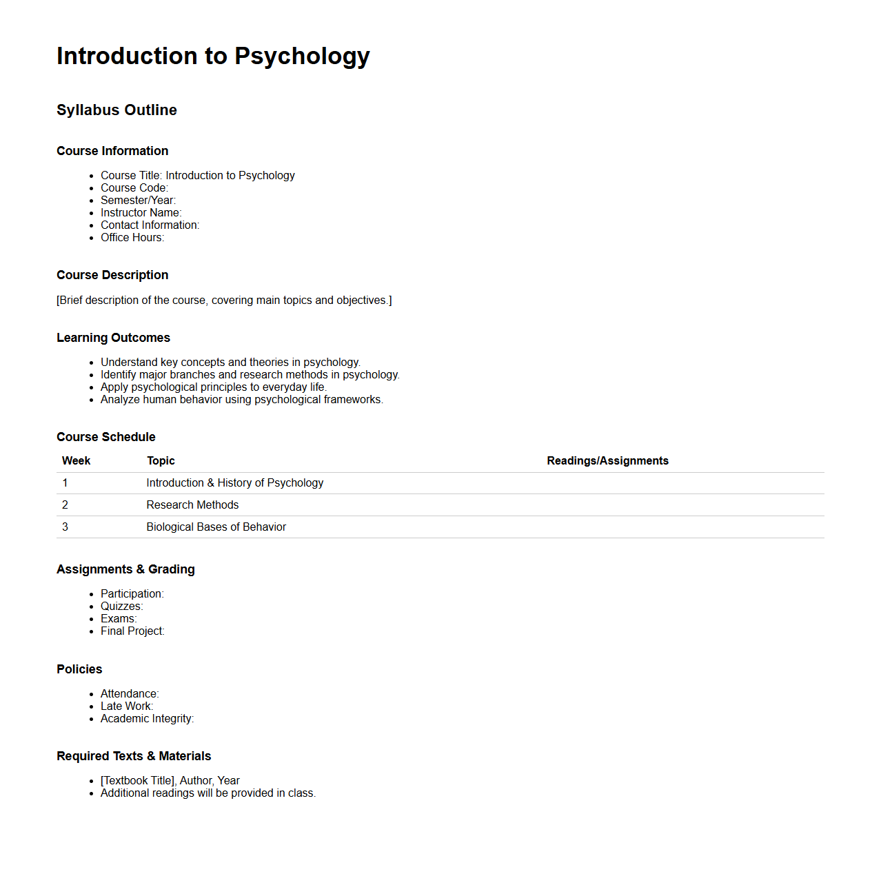 Introduction to Psychology Syllabus Outline Template