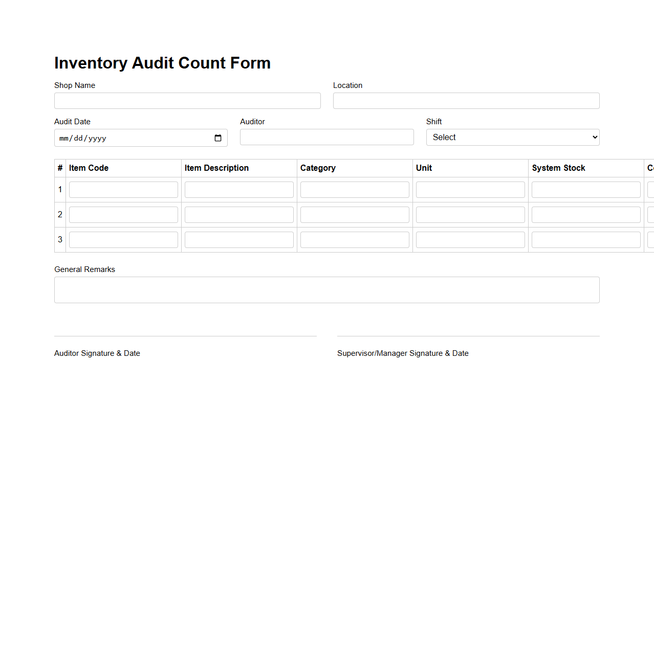 Inventory Audit Count Form for Retail Shops