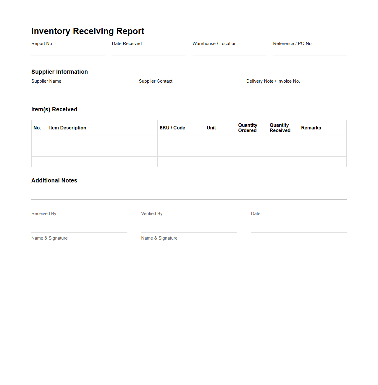 Inventory Receiving Report for Distribution