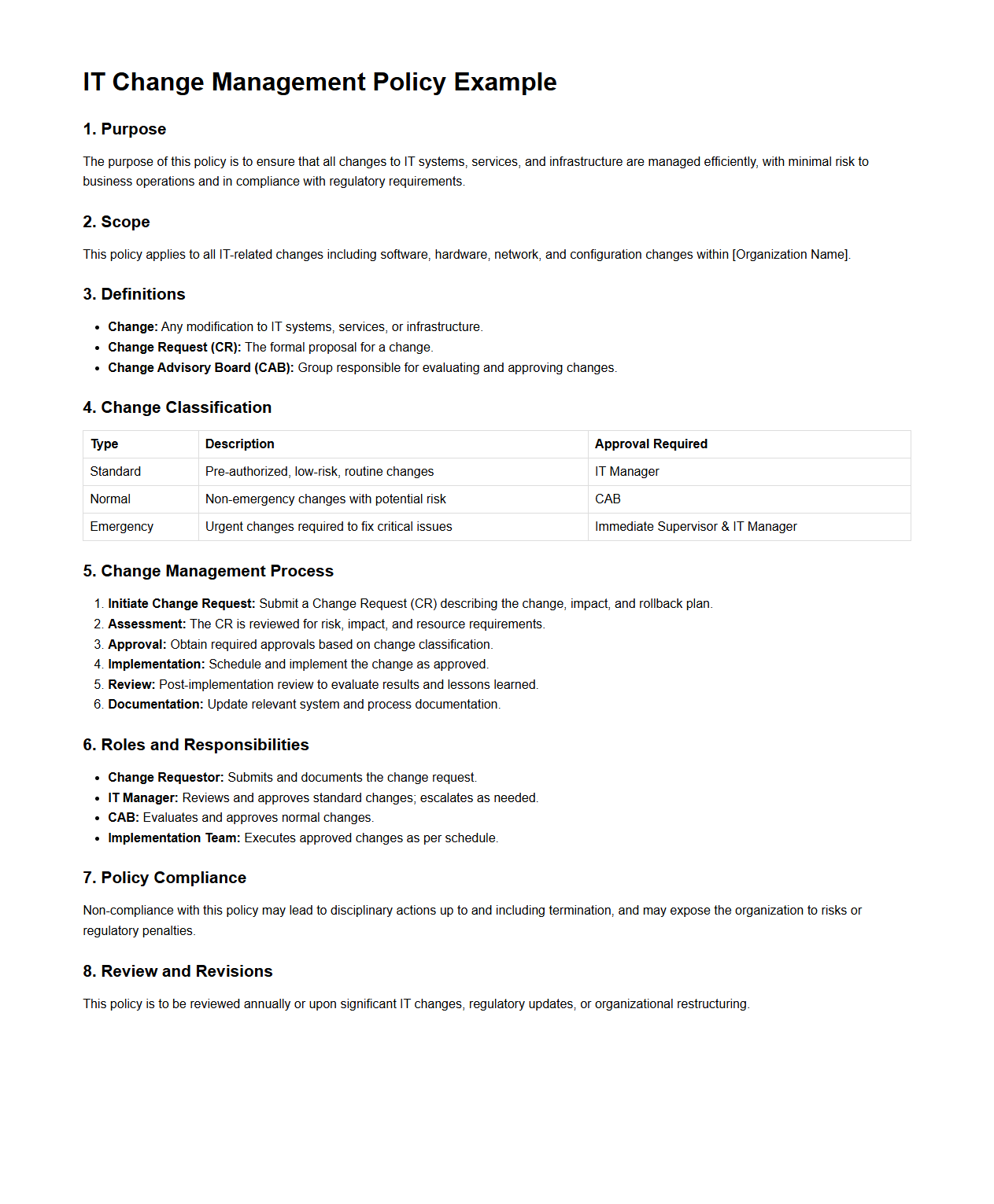 IT Change Management Policy Example