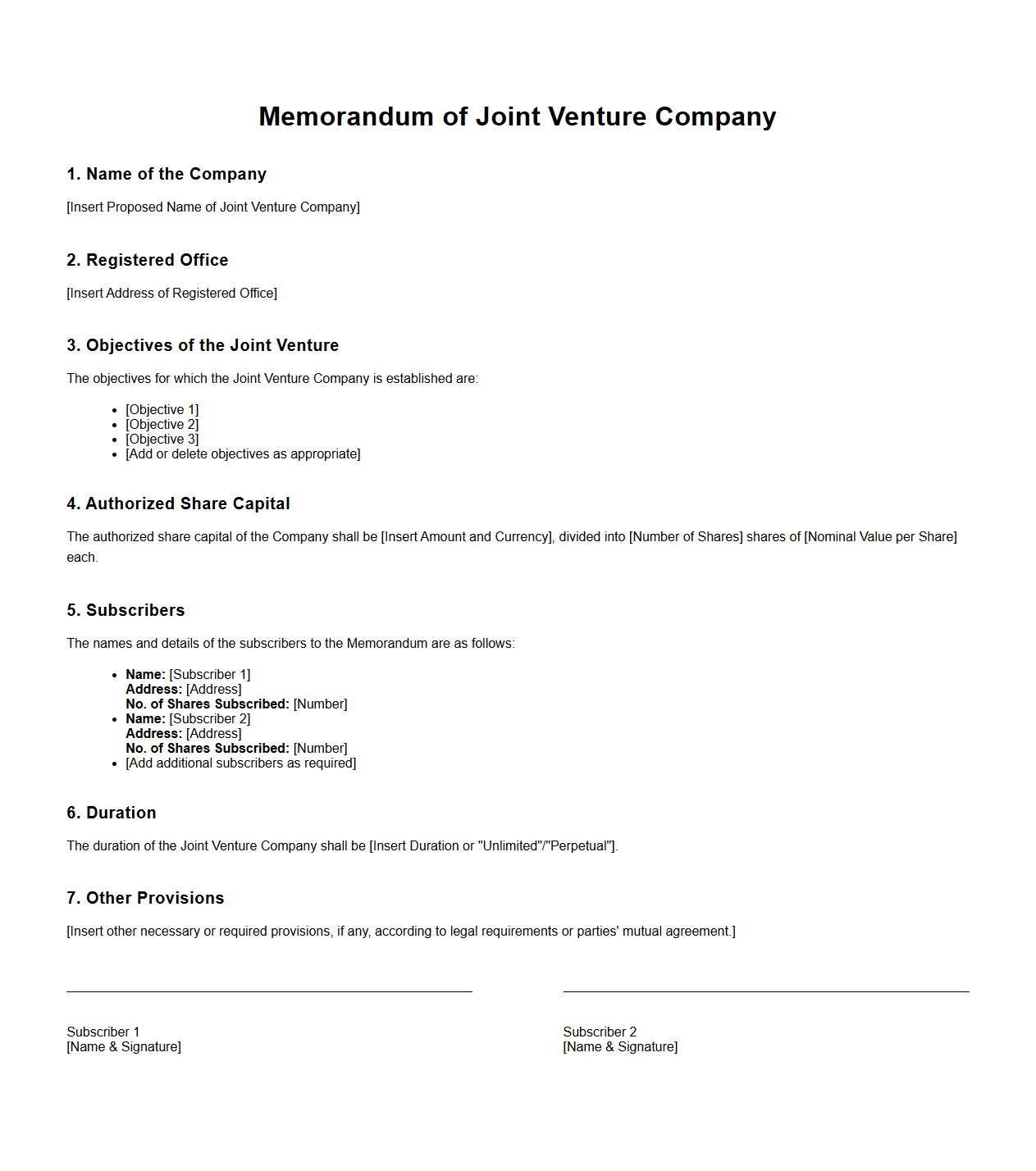 Joint Venture Company Memorandum Format